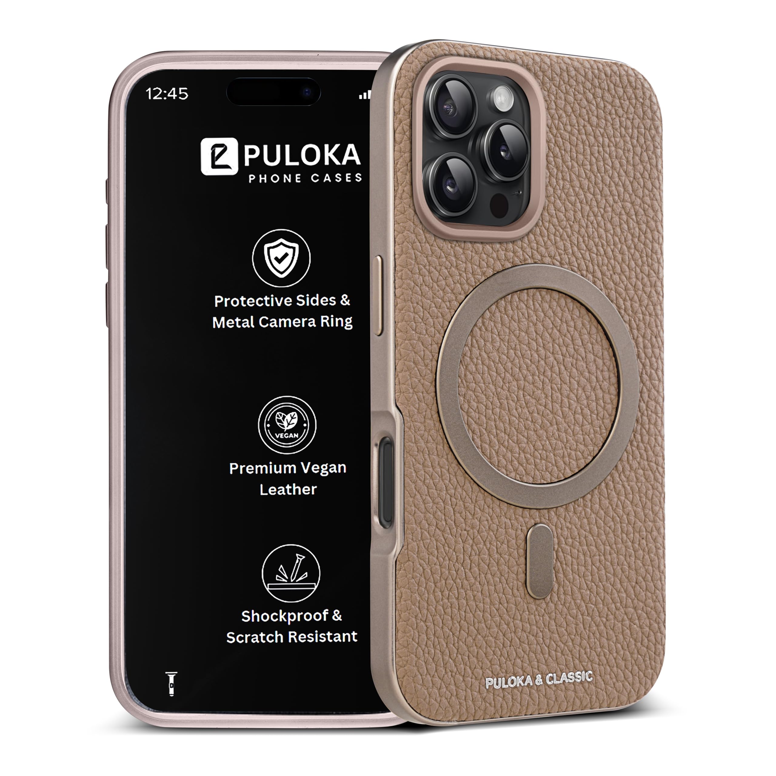 PULOKA Magfit Mobile Back Cover - Compatible with iPhone 16 PRO - Mag-Safe Design - Textured Vegan Leather - Electroplated Sides Bumper Case - Camera Protetection & Raised Edges - Apricot