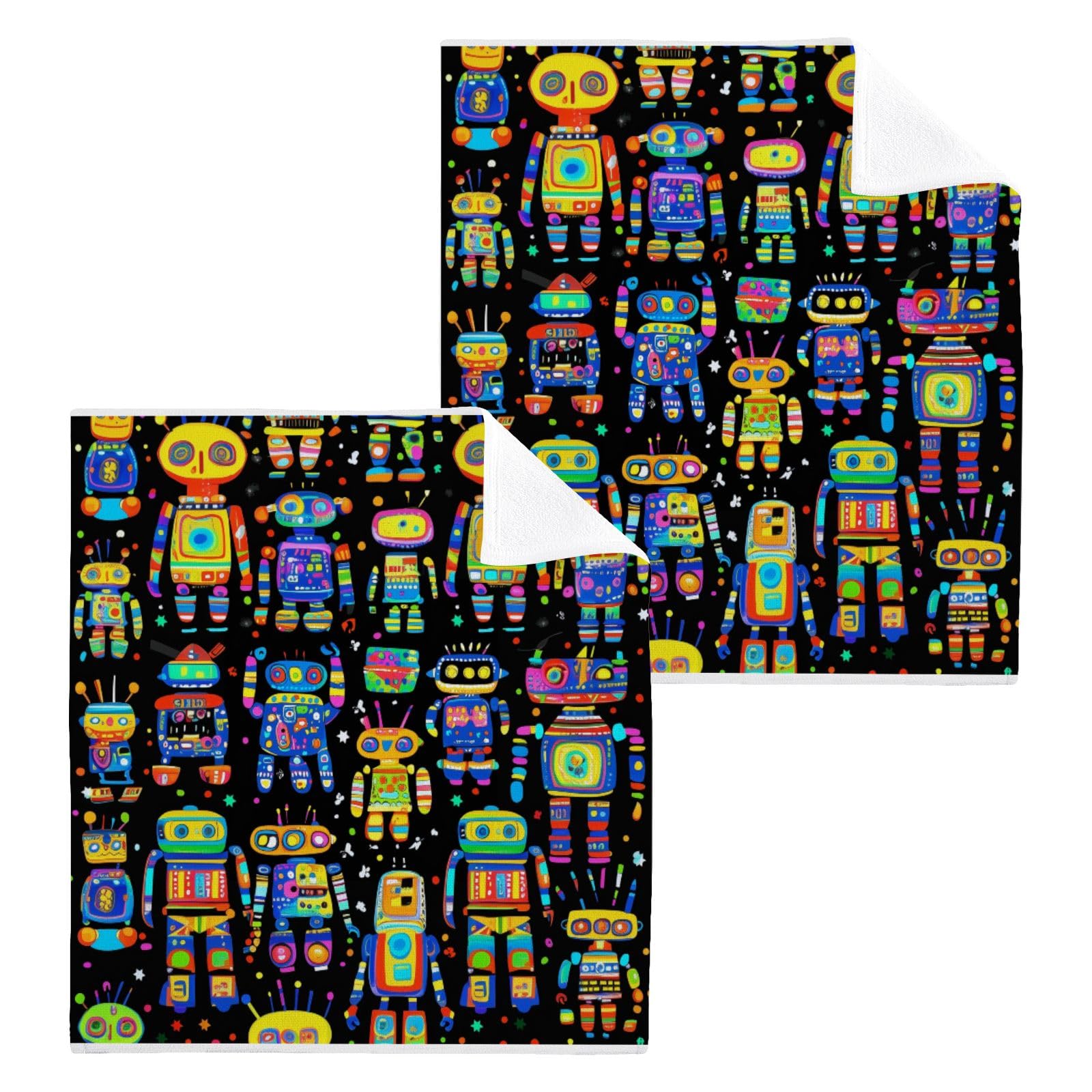 ALAZA Wash Cloth Set 100% Cotton Fingertip Towels Face Cloths Sets Colorful Robots Highly Absorbent Soft Feel Set of 2