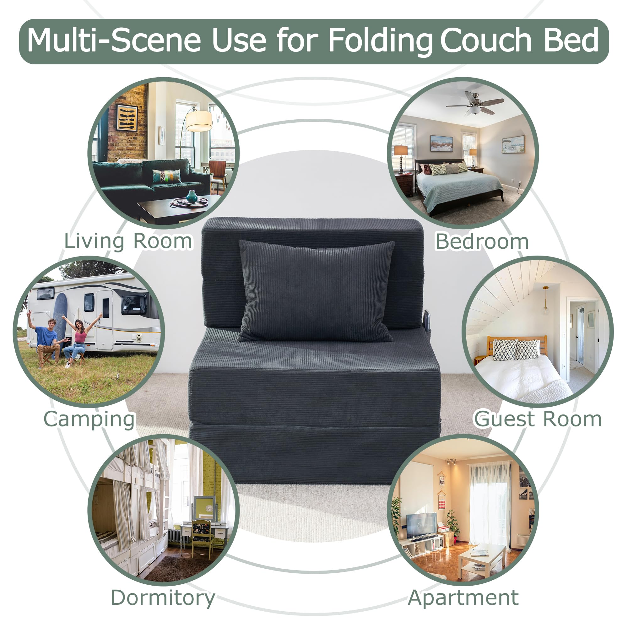 Sofá cama plegable, silla convertible 4 en 1 con almohada, silla plegable de espuma viscoelástica individual, sofá futón moderno para sala de estar, invitados, apartamento, color gris oscuro 7