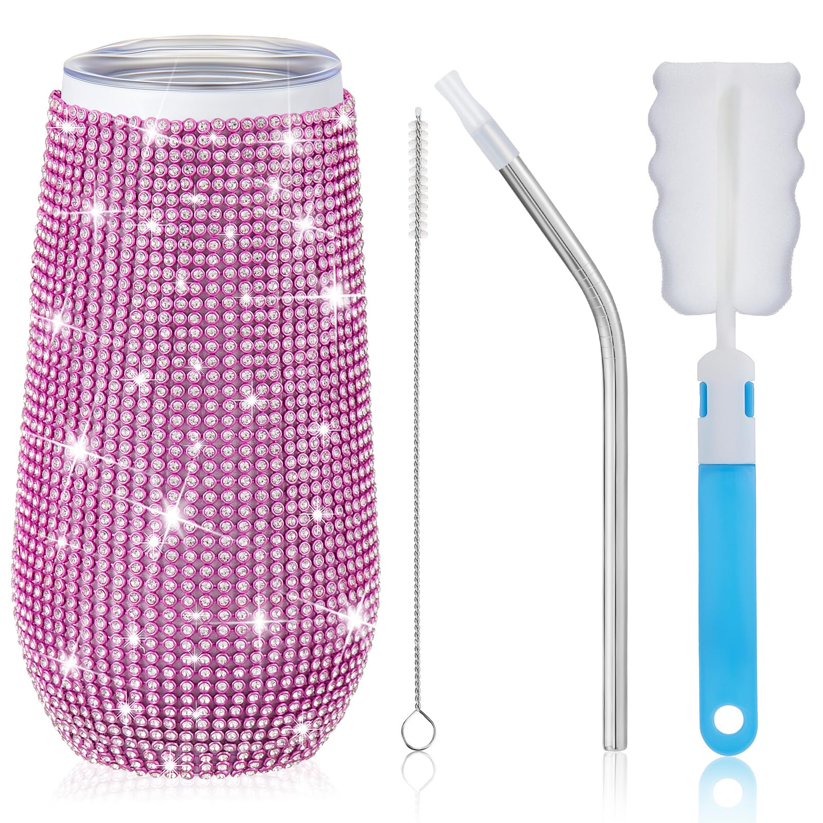 Tessco Bling Tumbler Cups Rhinestones with Straw Glitter Water Bottle Stainless Steel Straw Tumbler Insulated Bling Cup with Lid Brush for Teacher
