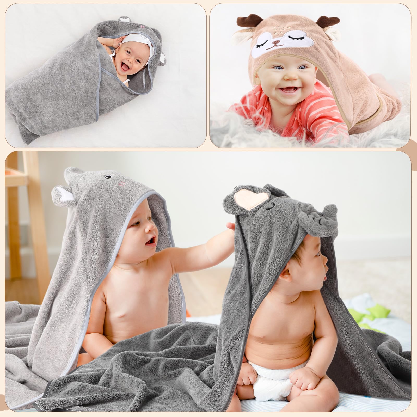 SmoothNovelty Juego de 6 toallas de baño para bebé de 31.5 x 31.5 pulgadas, toalla con capucha para bebé, forro polar coral, suave, absorbente, manta de baño con capucha para recién nacidos, niños,