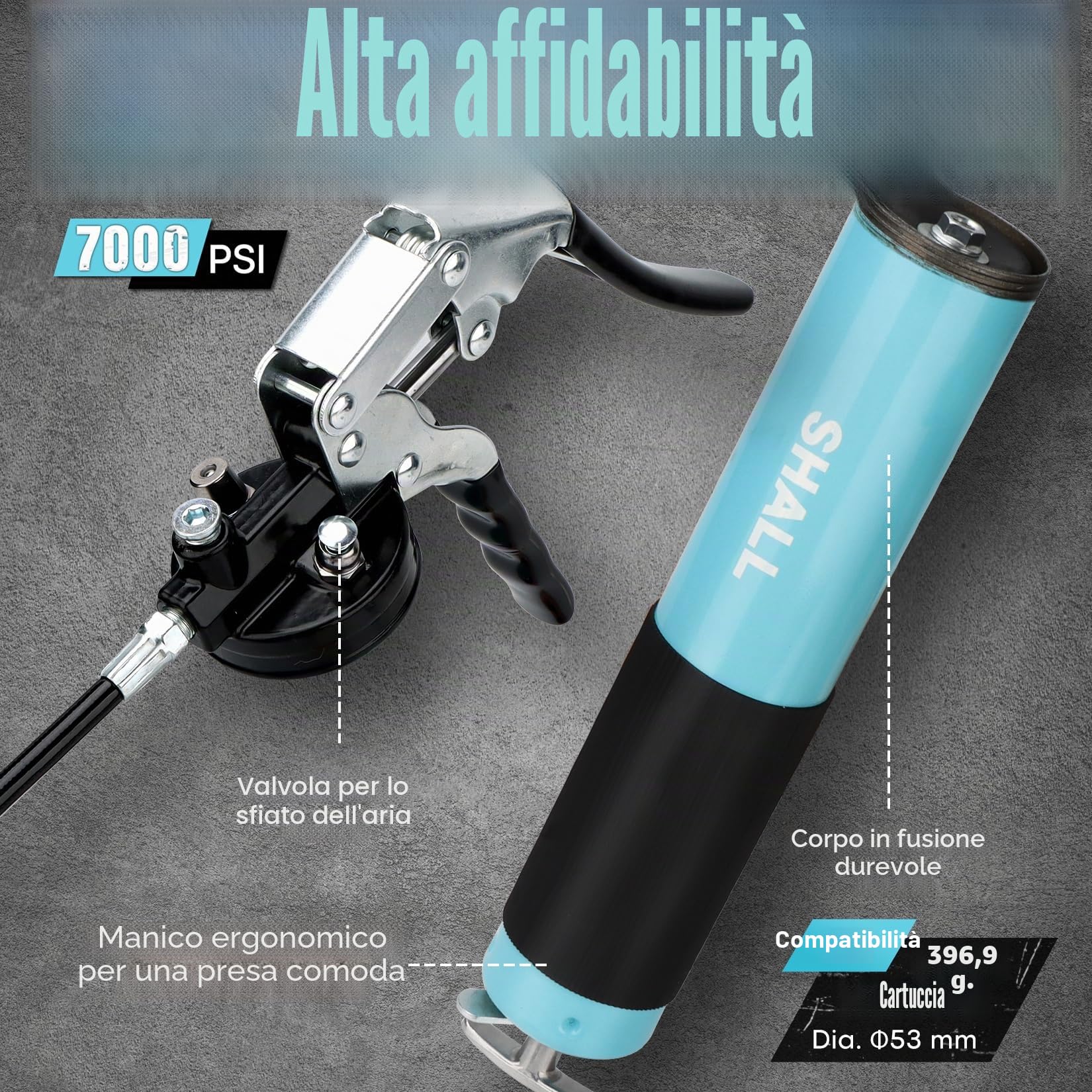 SHALL Pistola per grasso, kit pistola per grasso con impugnatura a pistola per carichi pesanti da 7000 PSI, tubo flessibile a molla da 18", ugello affilato, | Carico di 14 once