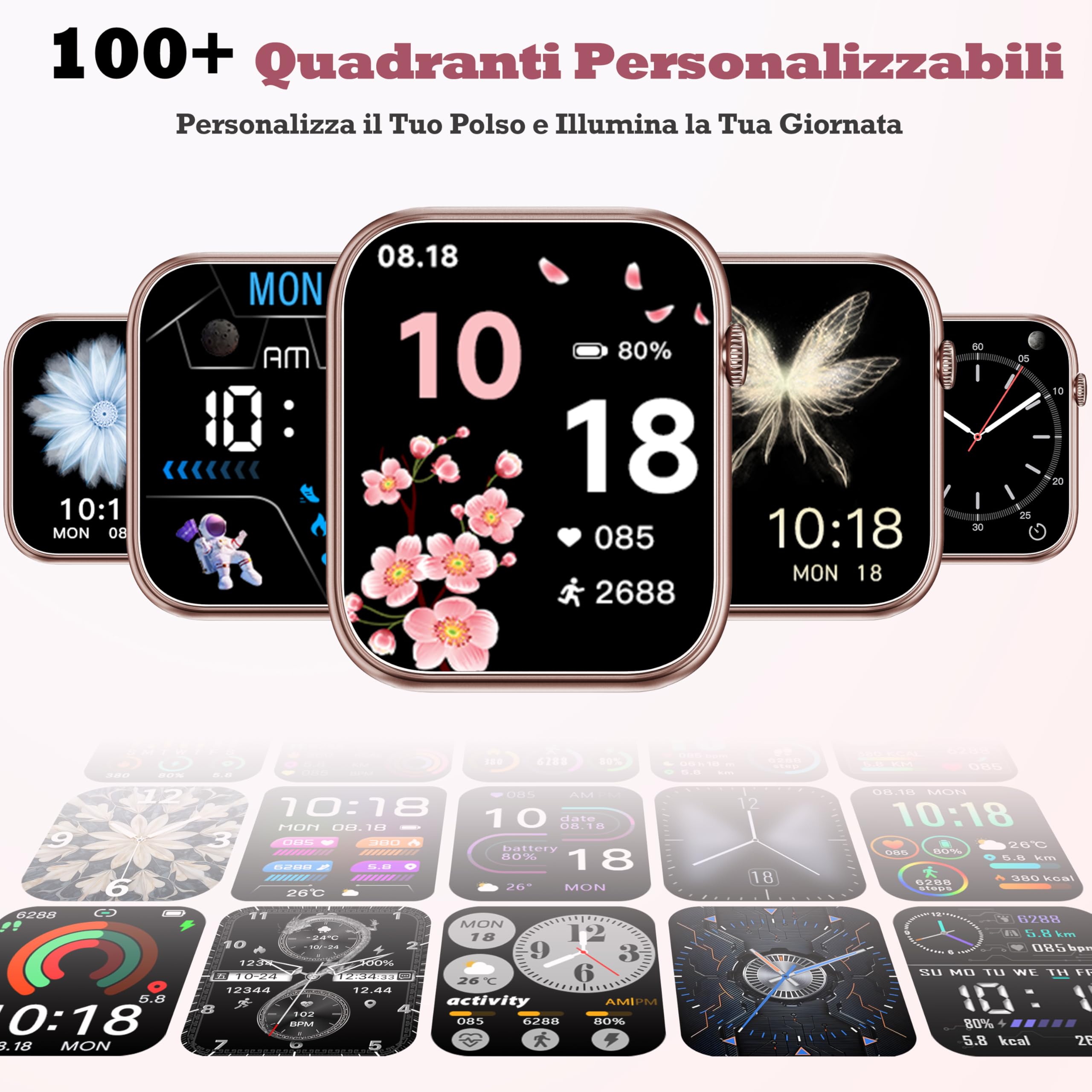 OUKITEL Smartwatch Rosa 1.83" HD per Donna Uomo, Orologio Intelligente con Chiamate Bluetooth, 100+ Sport, Cardiofrequenzimetro, Sonno, SpO2, Contapassi, IP68 Impermeabile Fitness Tracker