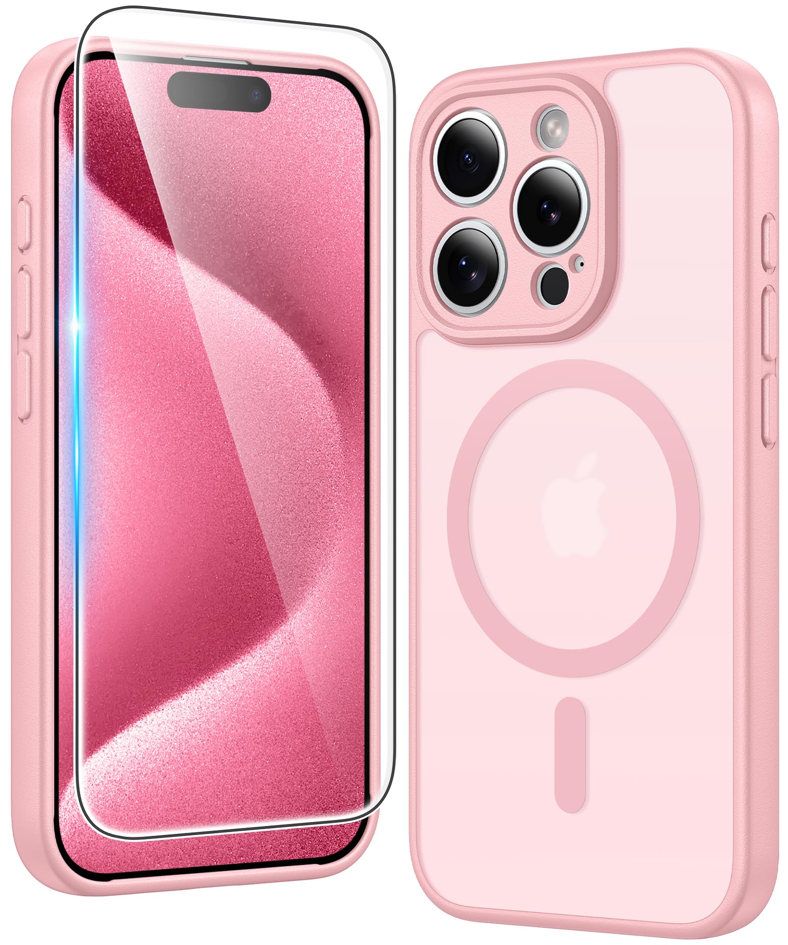 FNTCASE for iPhone 15 Pro-Max Case Compatible with Magsafe Matte Phonecase | Screen Protector, Military Grade Drop Protection, Slim Magnetic Phone Cases, Shockproof Bumper, Translucent Cell Cover