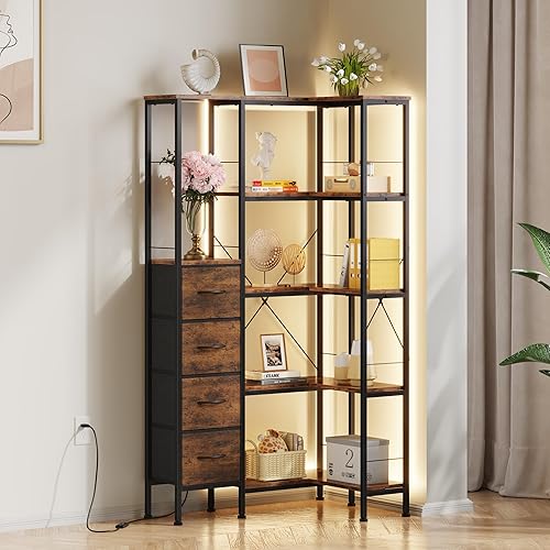 OYRREU Corner Shelf with LED Lighting, 5 Tier Book Shelf with 4 Fabric Drawers, Shelves, Bookcase, Bookshelf, Shelving Unit, Floor Standing, for Living Room Bedroom Office Rustic Brown - Rustic Brown