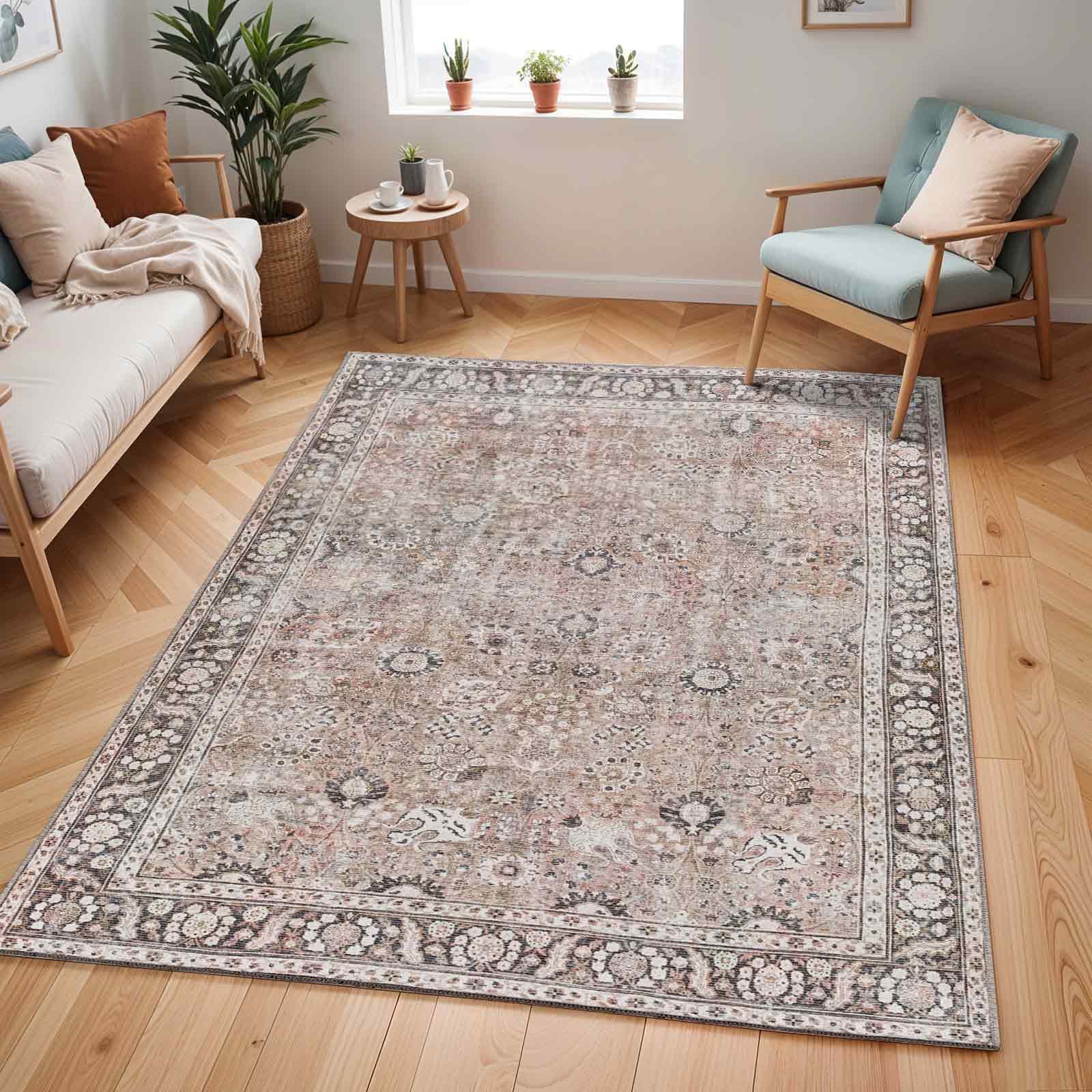 Livabliss Peyton Terjit Washable Carpet 160x220 cm, Living Room, Kitchen & Hallway, Vintage Boho Style, Easy Care, Brown Charcoal Black