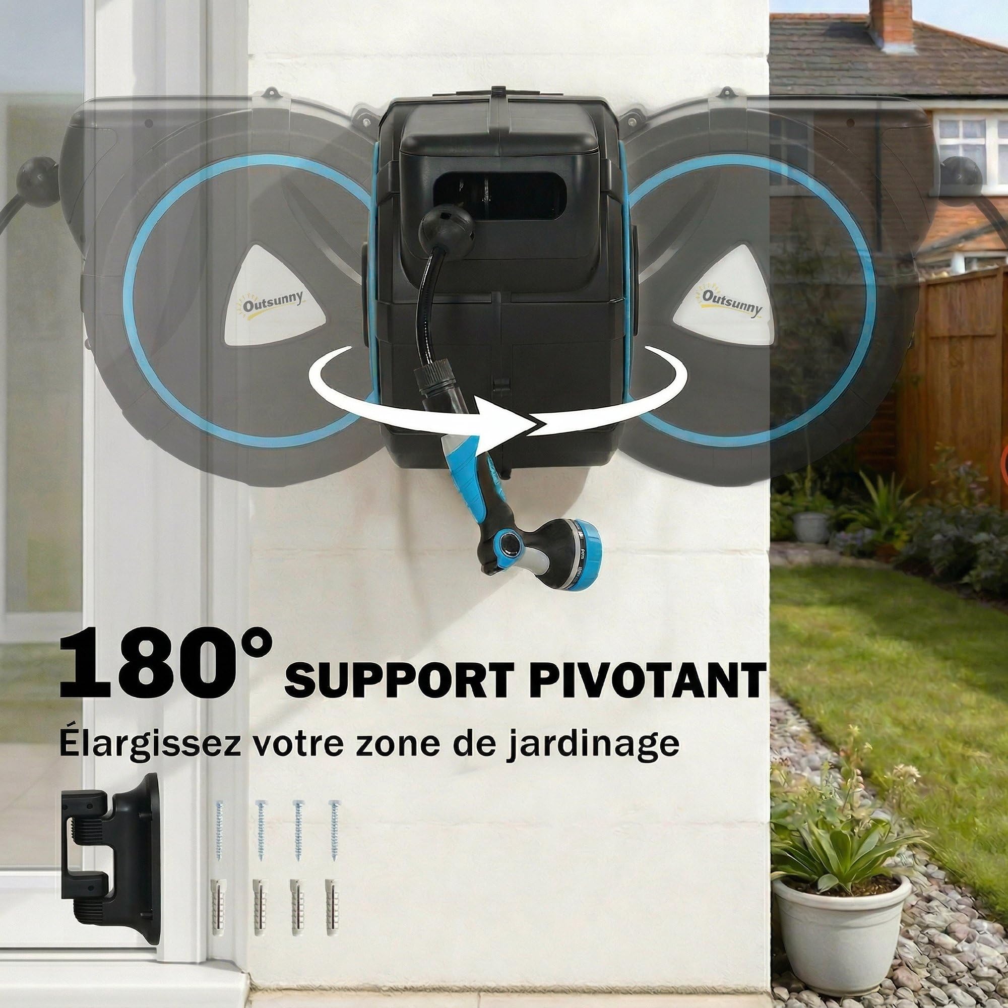 Outsunny Avvolgitore Tubo per irrigazione a parete automatico 23+2m 10+2 modalità blu | Pistola da irrigazione 10+2 modalità, soluzione di irrigazione retrattile e flessibile, giardino, pulizia auto