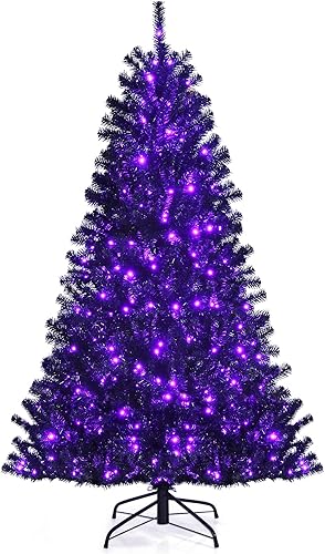 Goplus Árbol de Navidad negro preiluminado de 6 pies, árbol de Halloween artificial con bisagras con 250 luces LED moradas y soporte de metal,