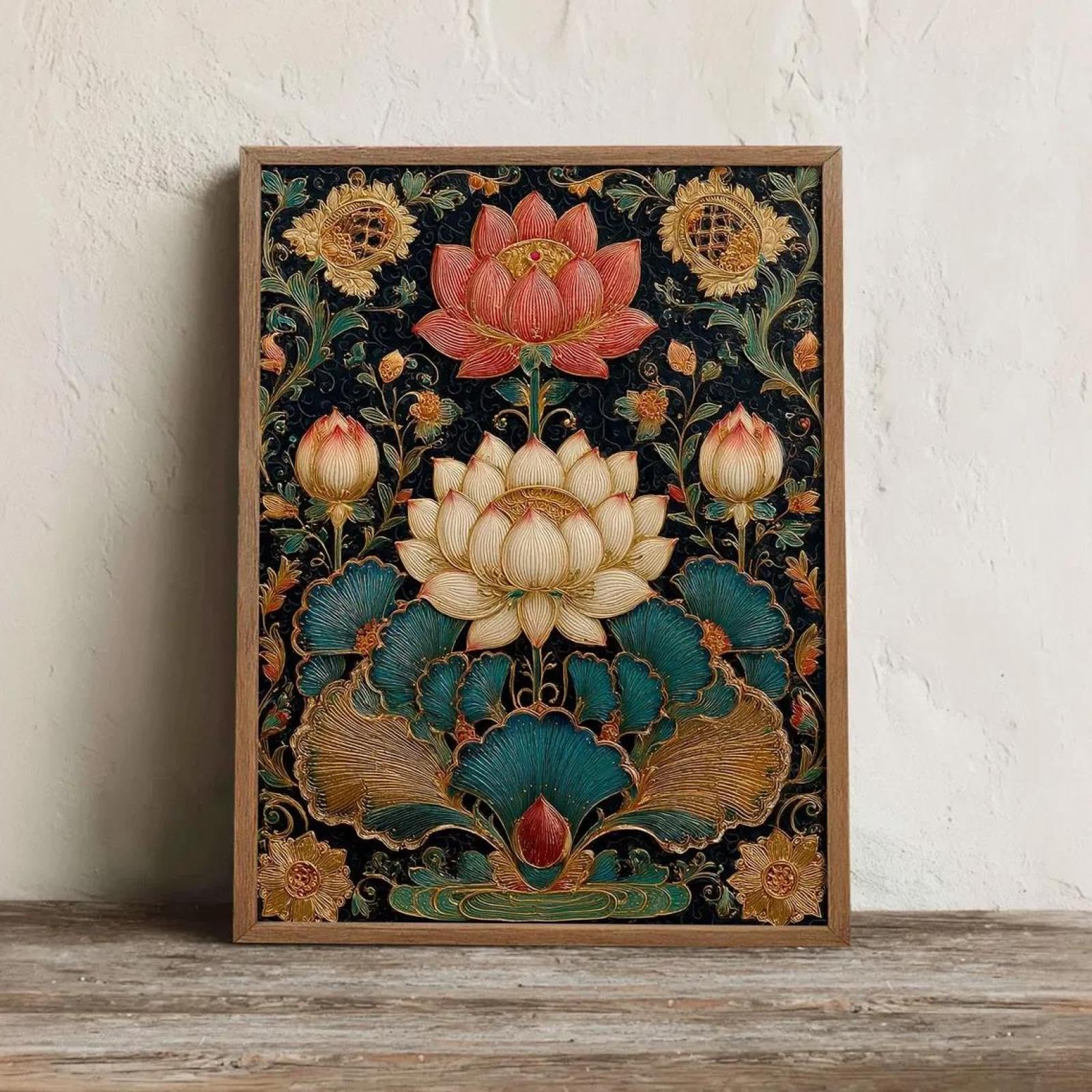 Baibexing Lotus Flower Vintage Mandala Canvas Painting Wall Art Poster, Indian Botanical Print, Traditional Floral Illustration, Boho Home Decor A8 40X60Cm Unframed