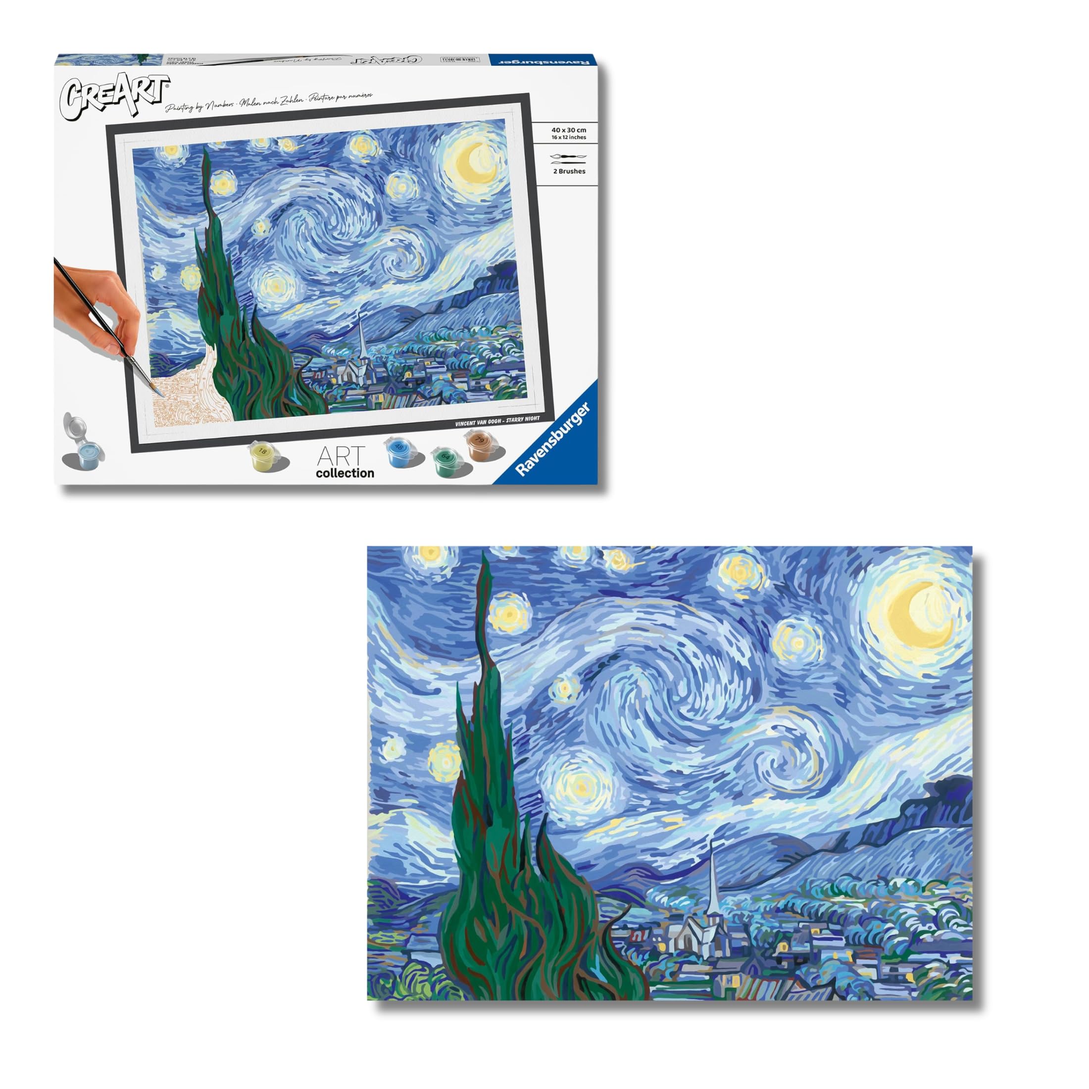 Ravensburger - CreArt ART COLLECTION Van Gogh: Notte stellata, Kit per Dipingere con i Numeri, Contiene Tavola Prestampata 30 x 40 cm, 2 Pennelli, Colori e Accessori