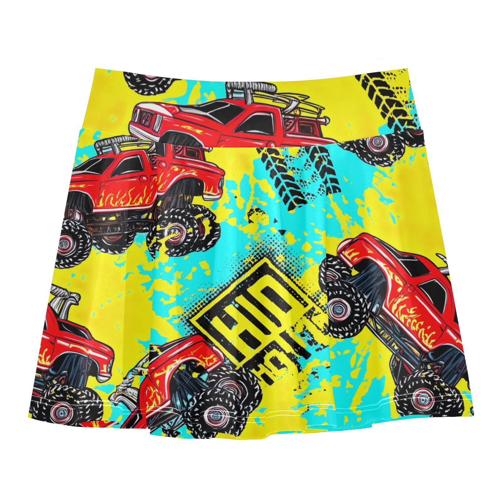 CHIFIGNO Red Monster Trucks Yellow Teal Little Girls Tennis Skirts with Shorts Pleated Athletic Skorts Golf Dance Skirt 3-4T