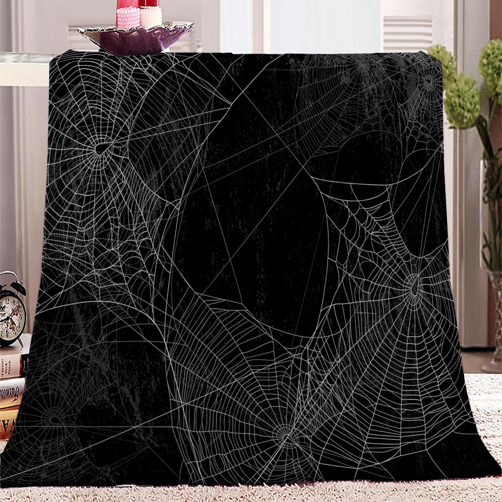 Cozyrest Abstract White Spider Web 4 Ultra Soft Flannel Fleece Blanket 130X150 Cm, Abstract White Spider Web Fluffy Warm And Cozy Washable Bed Blanket Black Sherpa Throw Blanket For Bed Sofa Settee Couch And All Seasons