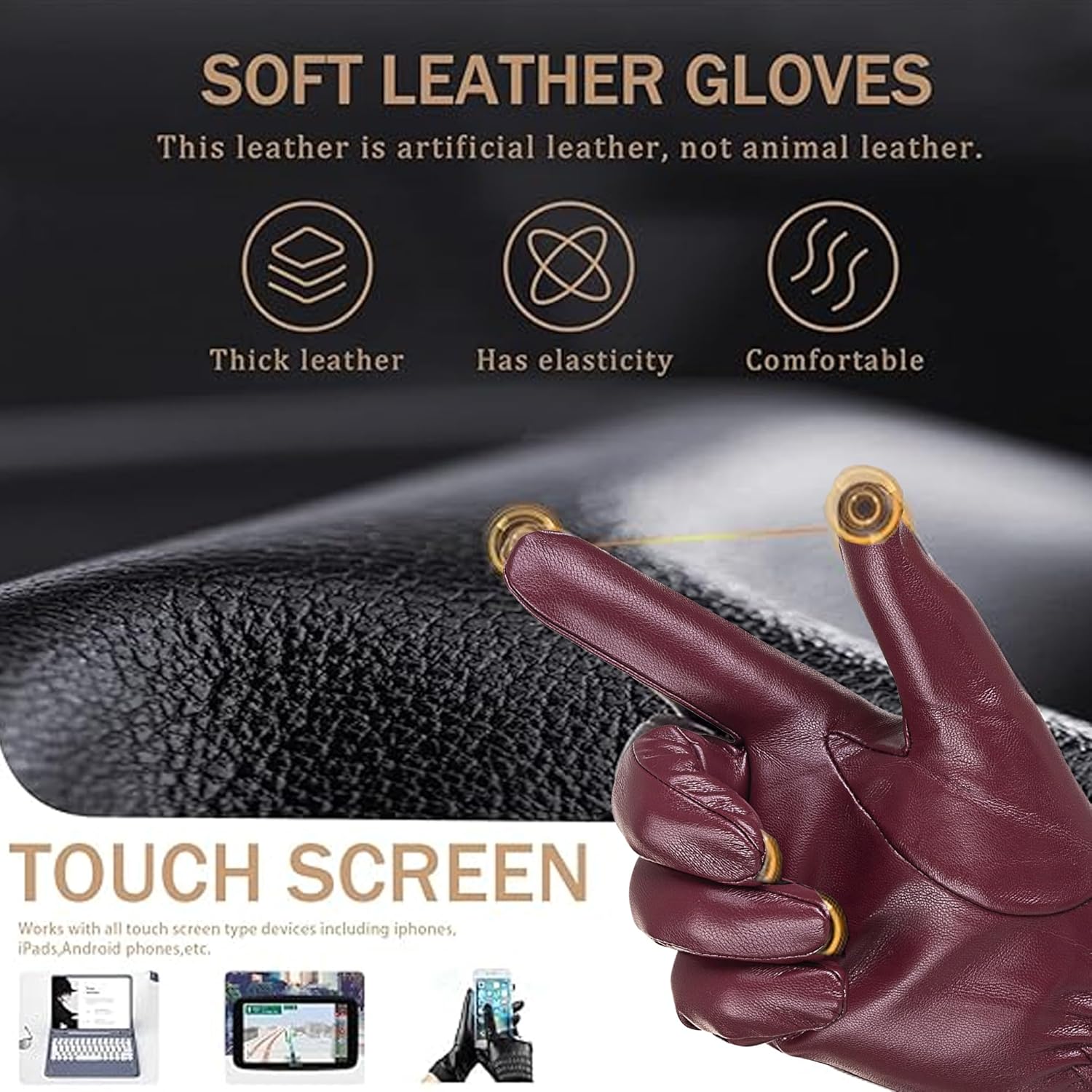 Winter Leather Gloves for Women, Warm Touchscreen Driving Texting Cashmere Lined Gloves… - Image 3