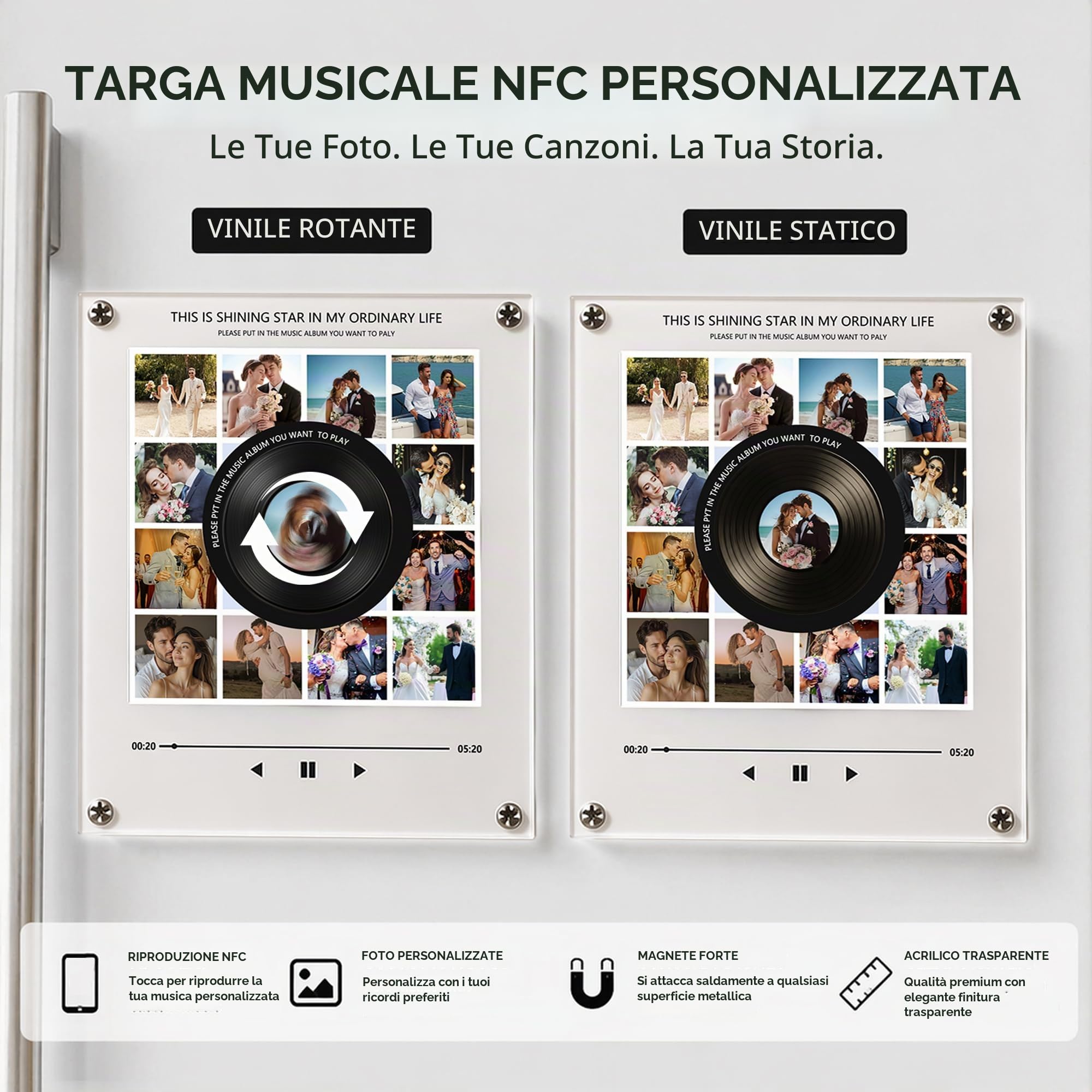 Magnete da Frigorifero con Musica Personalizzato, Magneti per Frigorifero Retrò con NFC a Induzione, Lettore Musicale Personalizzabile con Foto, Regalo Compleanno