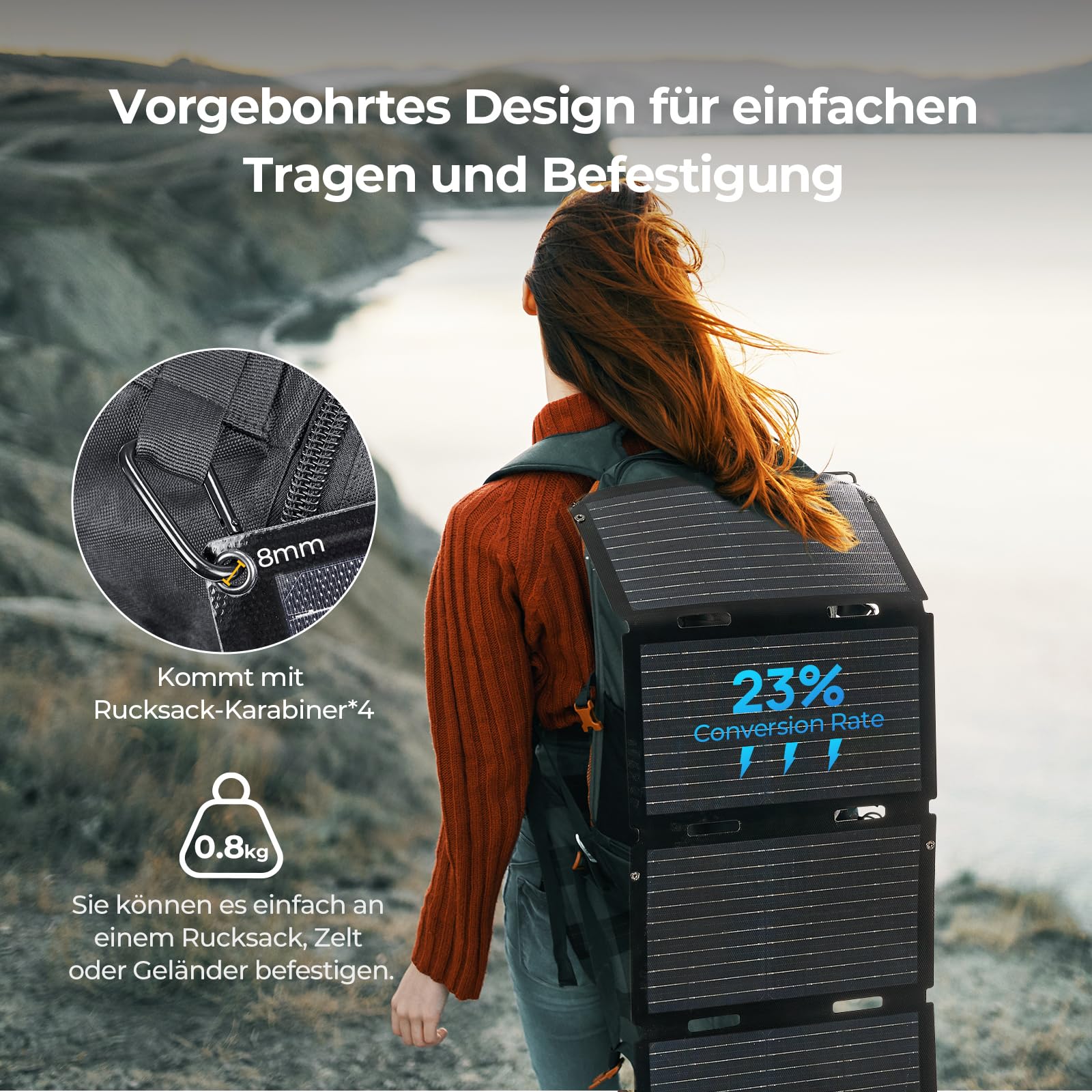 BougeRV 50W ETFT Faltbares Solarpanel, Fiberglas 270°, 0,8 kg, Solarmodul mit DC/USB-C/USB-A Ausgänge, Tragbares Solar Panel mit Carabiner, Kompatibel mit Handy, Tablette, kleiner Powerstation
