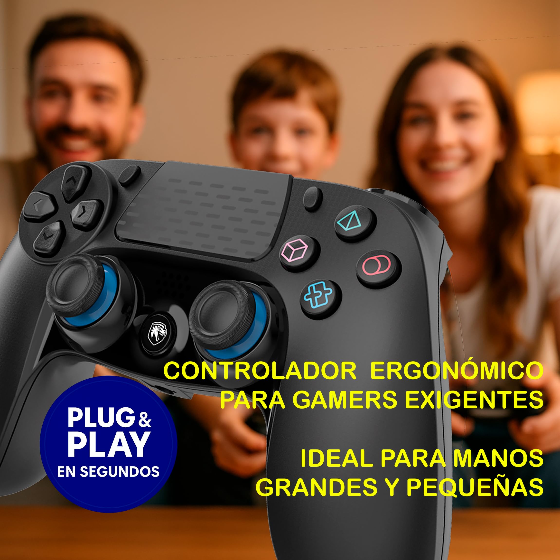 Mando Inalambrico Bluetooth Negro compatible con PS4 PS3 PC Android Windows gamepad 6 ejes con vibración doble Luz LED Joystick tactil recargable compatible juegos Shooters Dualshock