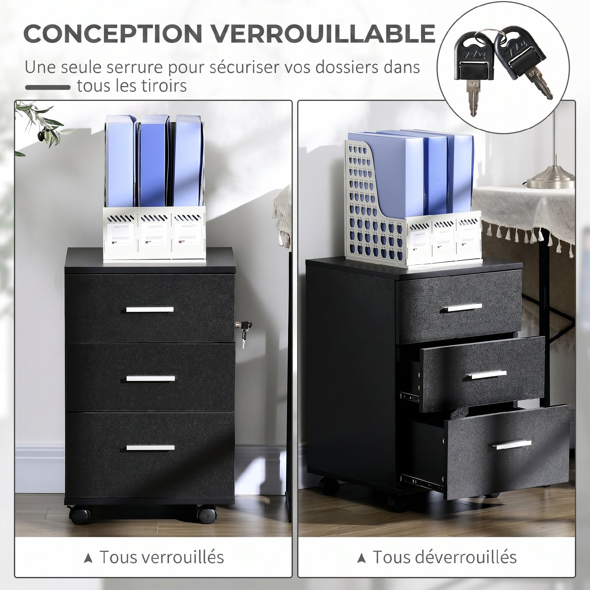 Vinsetto Caisson de Bureau sur roulettes 3 Tiroirs 40 x 40 x 61,5 cm Noir | Rangement Bureau, Tiroirs Verrouillables