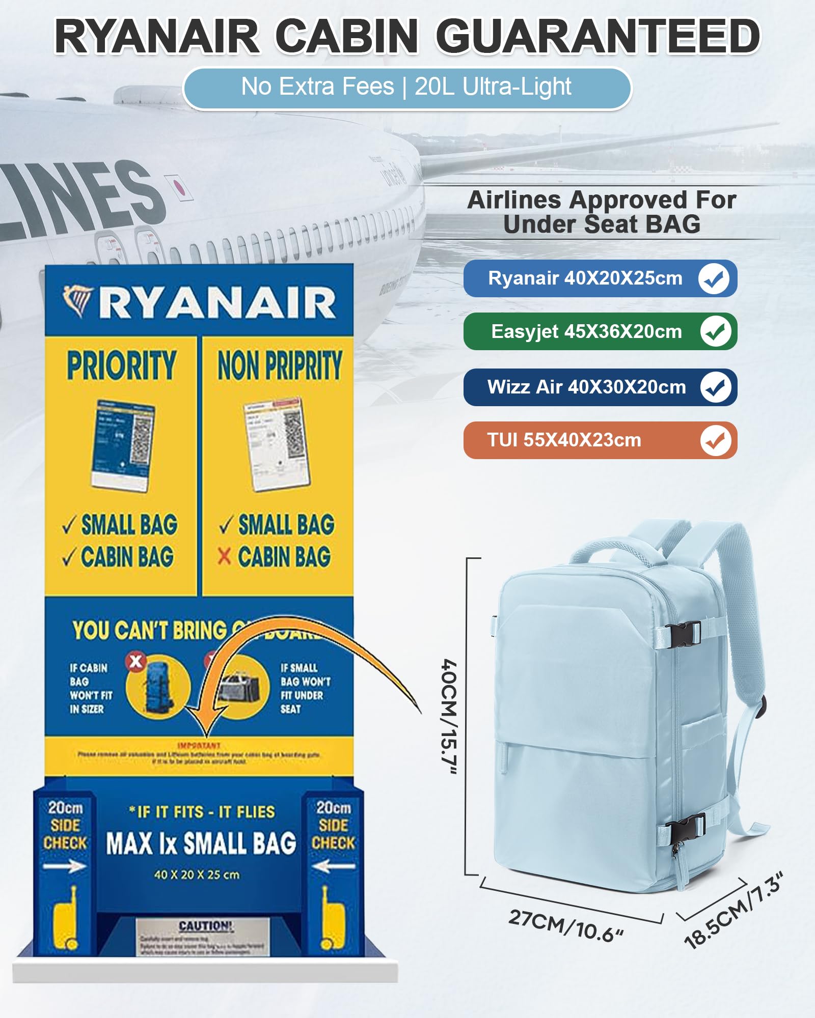 kibachev Leggera Zaino da Viaggio 40X20x25 Ryanair, Aereo Bagaglio a Mano con Portascarpe 40x30x20, Capiente Borsa Porta Pc Impermeabile Donna/Uomo, Zaino Business Multitasche (Blu)