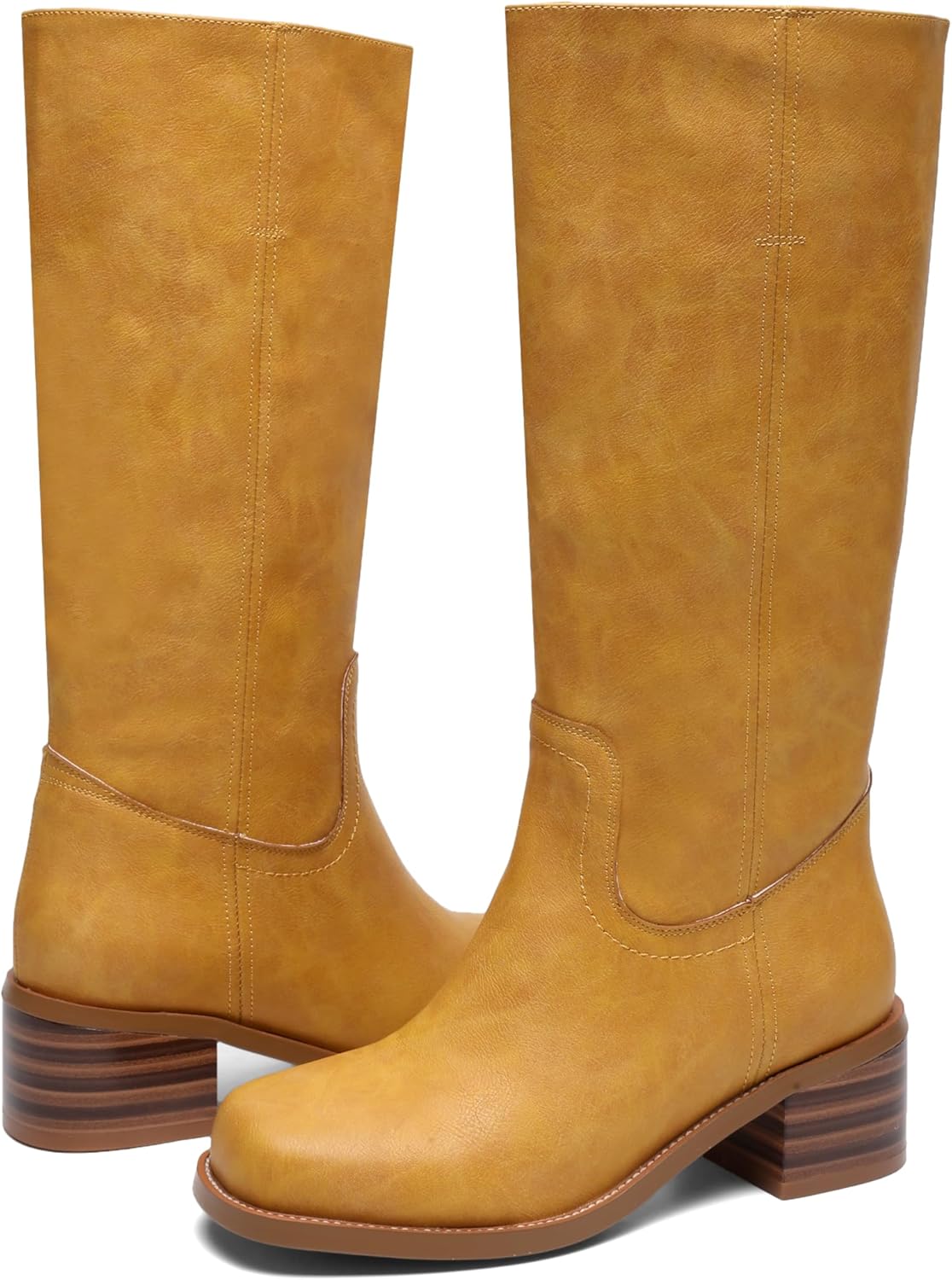 Women's Knee High Boots Square Toe Chunky Block Heel Long Boots for Women Comfortable Slip on Low Heel Womens Riding Boot.