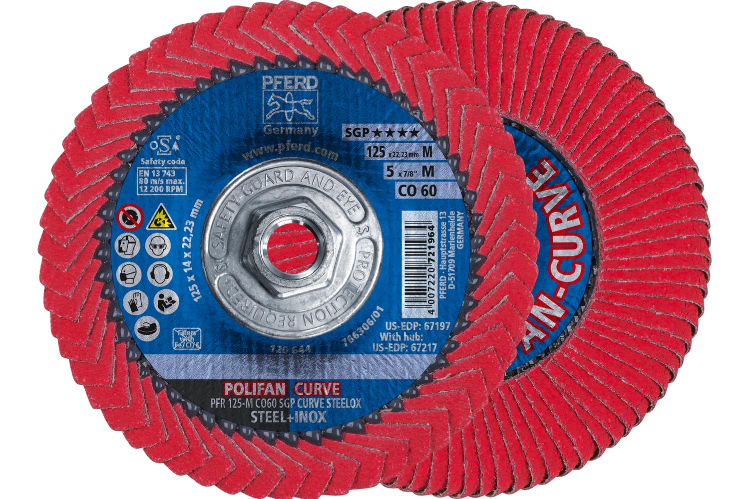 Pferd 67217 polifan PFR Curve Radial Tipo Flap disco, óxido de cerámica, 5 cm de diámetro, 5/8 – 11 hilo, 12200 RPM, 60 Grit