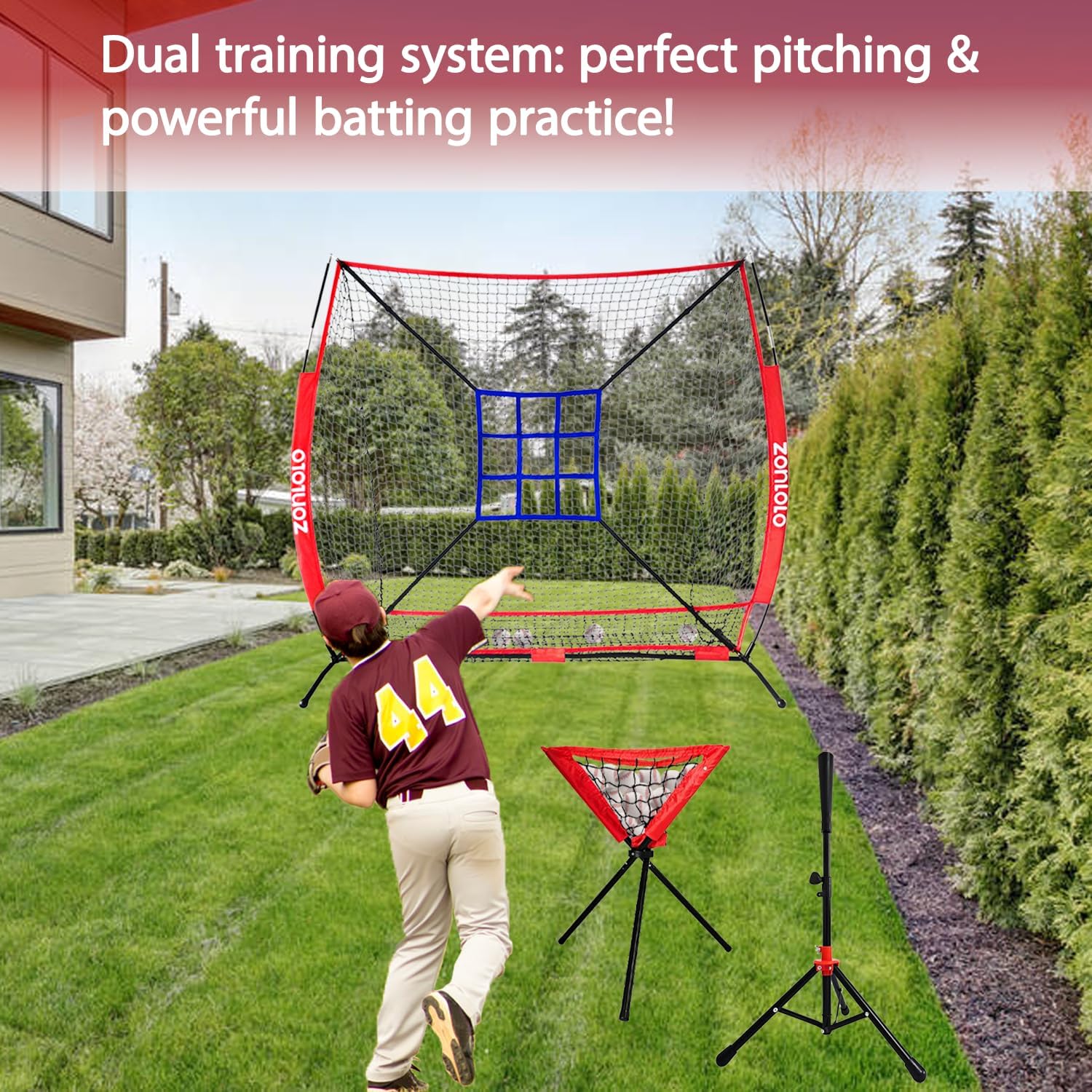6x6ft Portable Baseball & Softball Net for Hitting,Pitching, Batting and Throwing, with Sturdy Bow Frame,Batting Tee, Ball Caddy and Strike Zone, Middel Size, Great for Kids! - Image 8