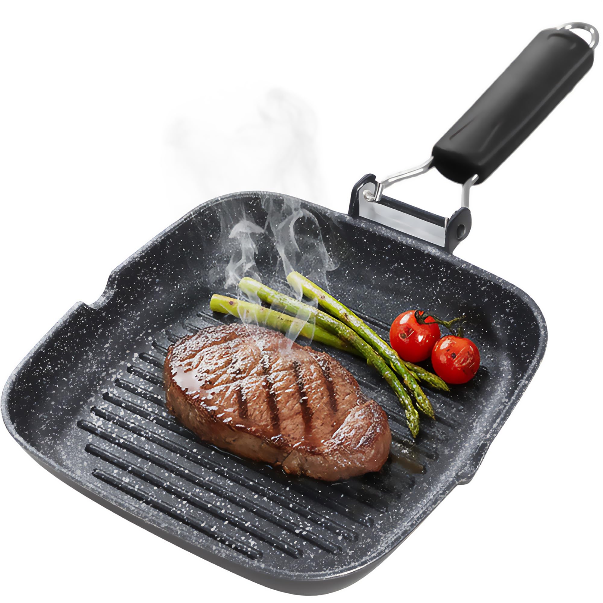 Briebe Grill Steakhouse Rayures Induction Antiadhésive Titane, Poêle Grill 28 x 28 cm, Aluminium moulé sous pression sans PFOA, Manche pliable