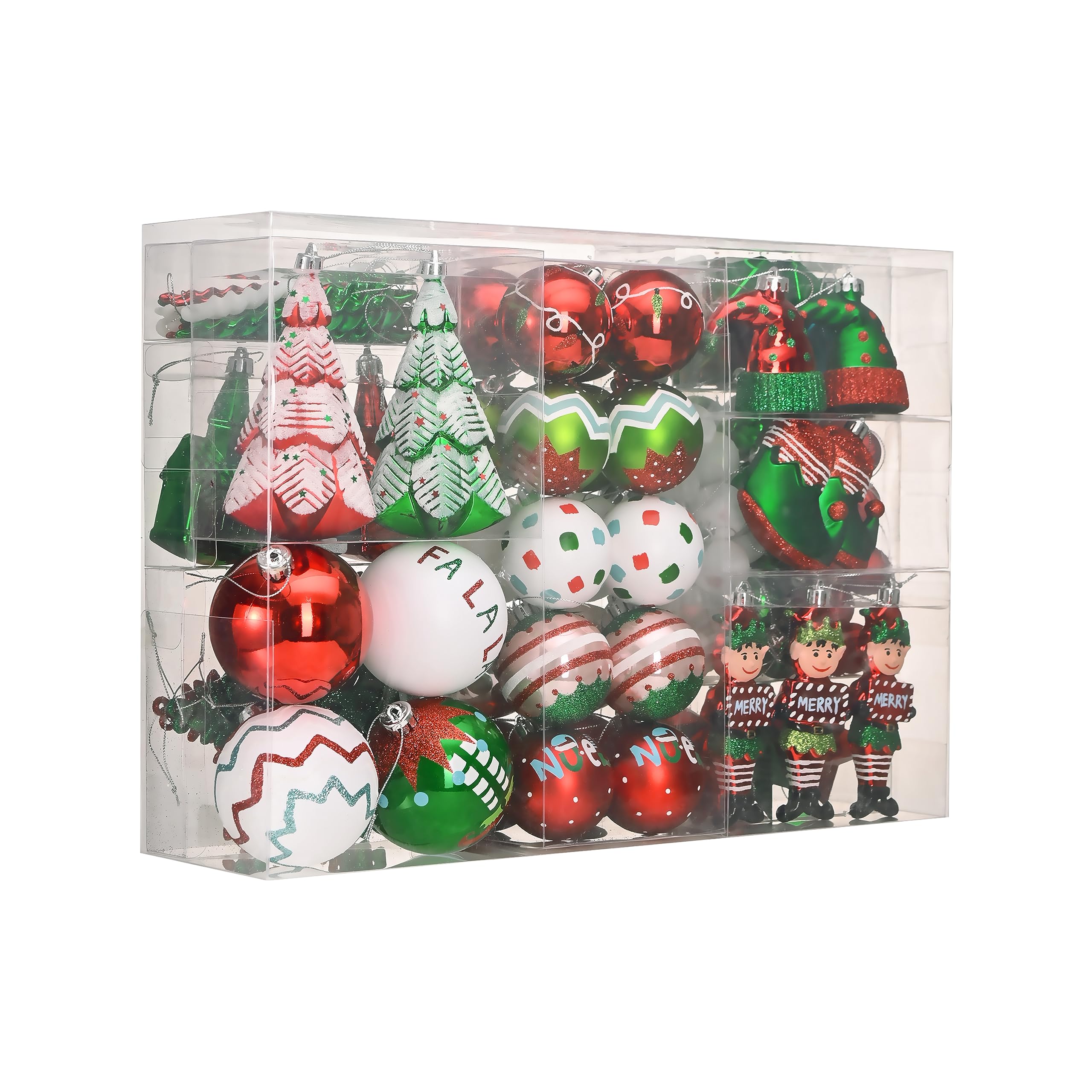 DecorbyHannah Christmas Ornaments Set,120ct Shatterproof Red Green White Elf Theme Christmas Tree Ornaments Bulk with Small Tree, Assorted Decorative Hanging Ball Ornament for Xmas Decorations