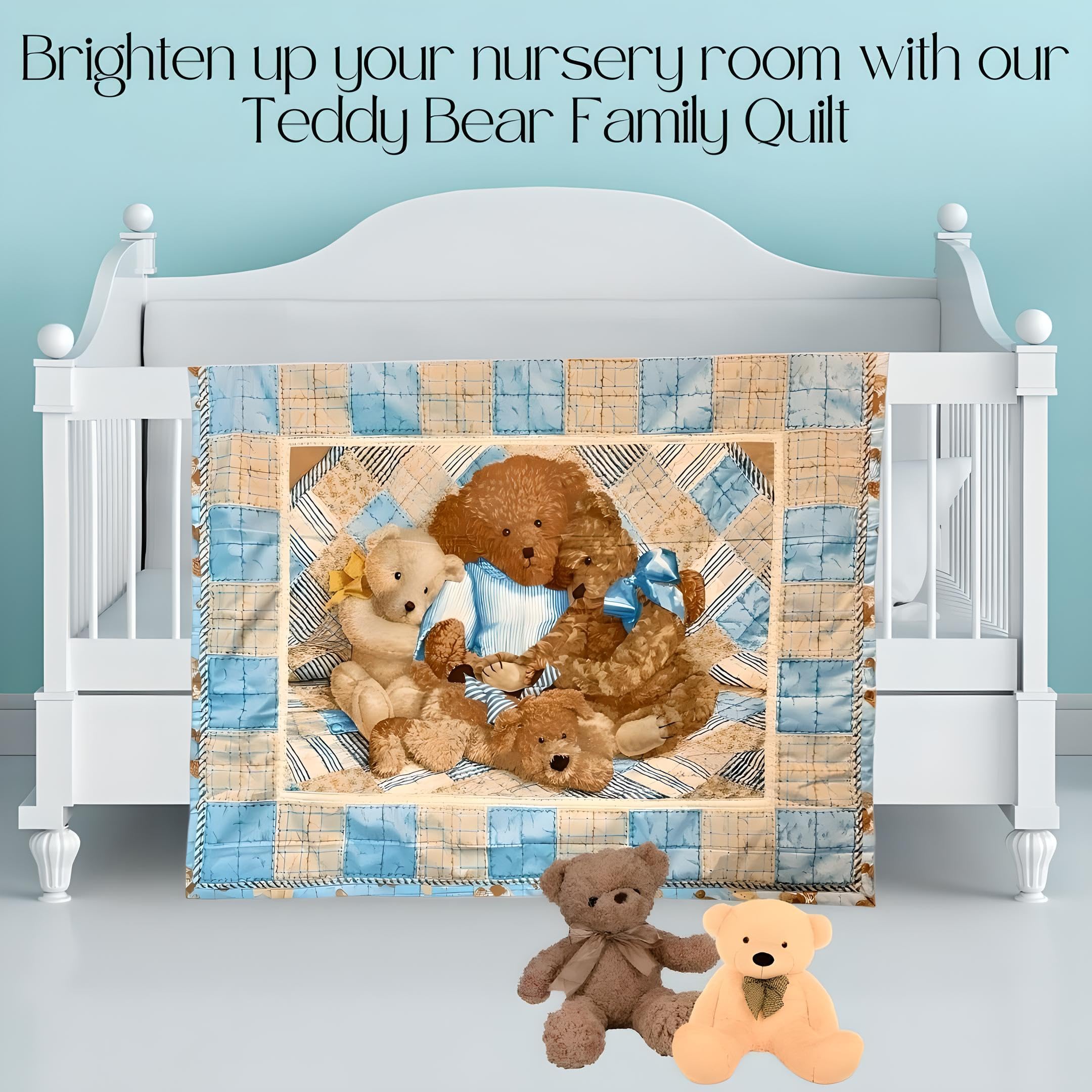 Baby Teddy Bear Blanket Quilt Comforter, 100% Cotton Nursery Bedding, Reversible Light Weight Fleece Lining Inside, Baby Handmade Quilt, Gift for Baby Shower or Baby Valentine Gift, Made in USA