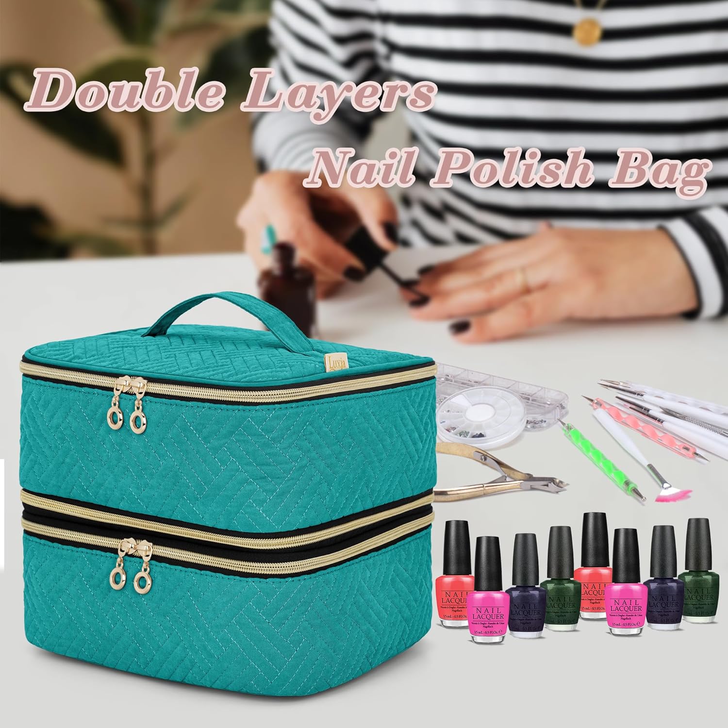 LUXJA Detachable 2 Layers Nail Polish Organizer - Hold 60 Bottles (15ml - 0.5 fl.oz), Nail Polish Case with Tools Storage Pockets (Patented Design), Teal