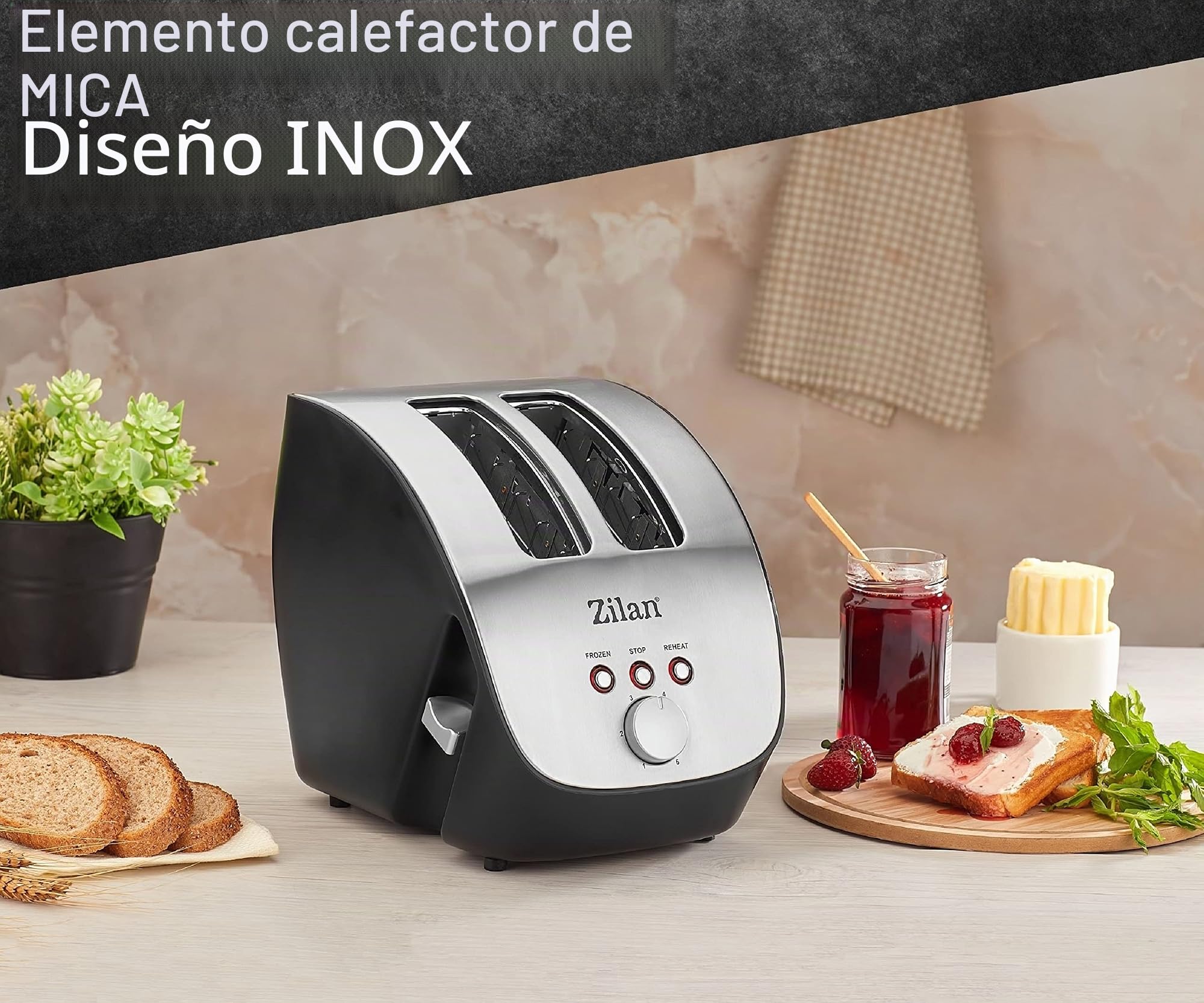 Tostadora con Carcasa de acero inoxidable | 2 rebanadas | Diseño oblicuo | Máquina para tostar | 1000 W | Ajustable sin niveles | INOX