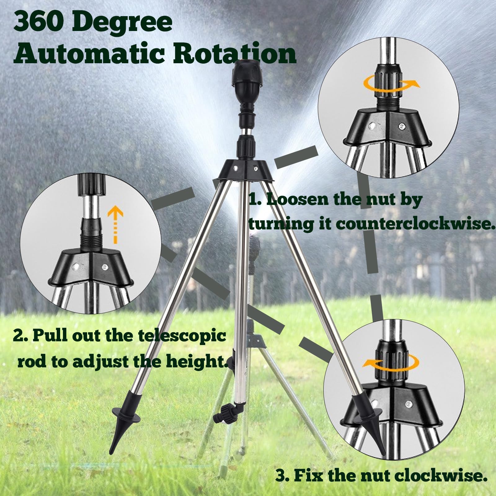 Aspersores de riego cesped, Aspersor Giratorio con Caballete Ajustable para jardín y césped – Chorro Giratorio 360°, de Acero, Altura modulable para Clavar en el Césped (8PCS)