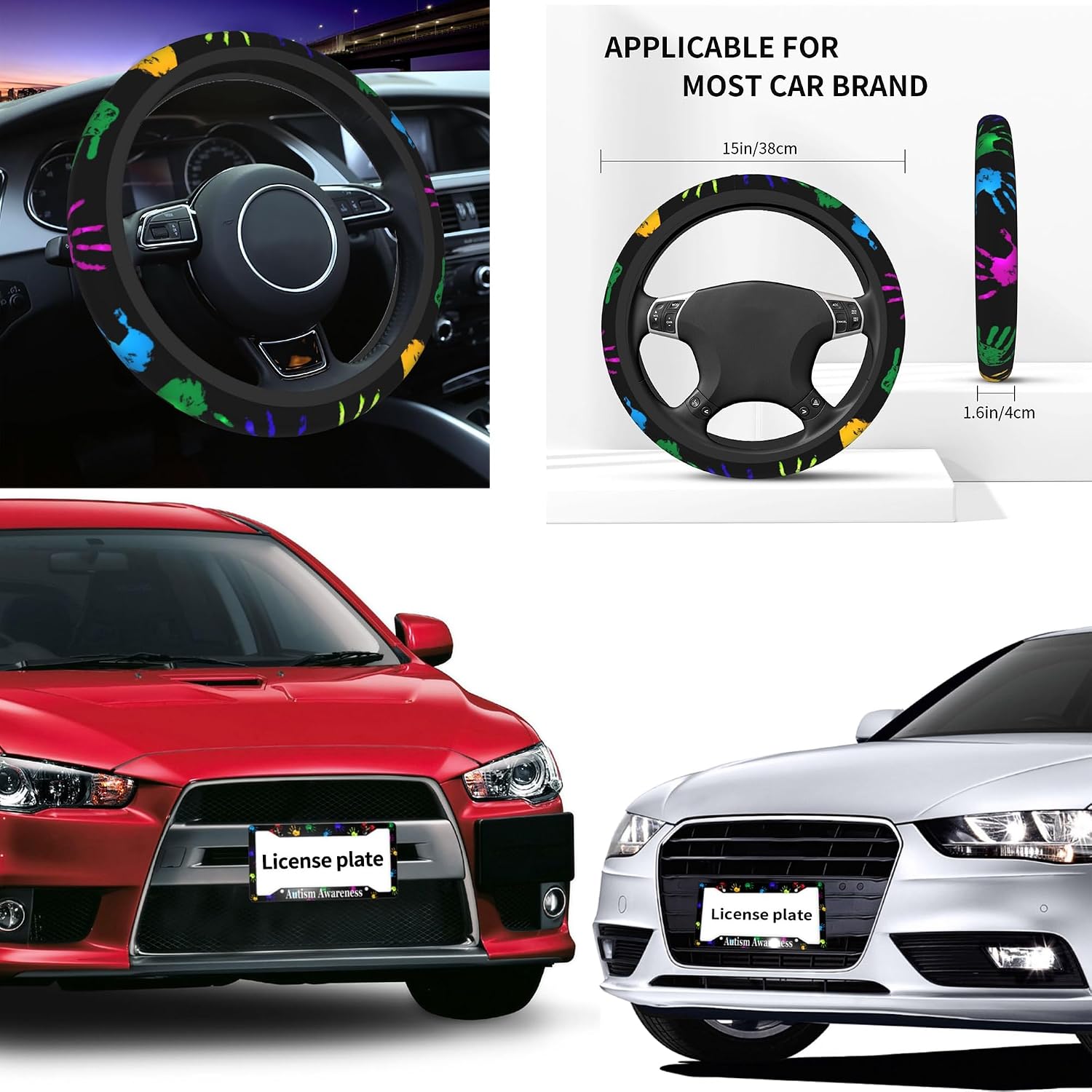 Autism Awareness License Plate Frames & Autism Steering Wheel Cover Fashion Aluminum License Plate Covers Anti-Slip Breathable Steering Wheels Protector with Screws Fasteners Caps for Men Women, 3PCS
