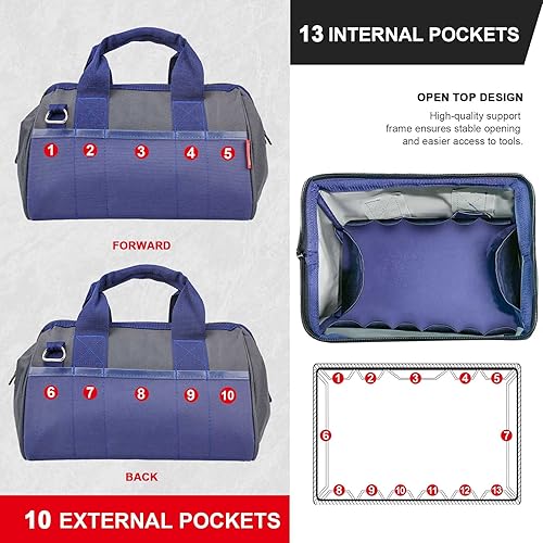 Miniatura 4 de HAUTMEC HT0074 - Bolsa de herramientas pequeña plegable, bolsa de herramientas de boca ancha impermeable con 23 bolsillos, marco rígido, organizador