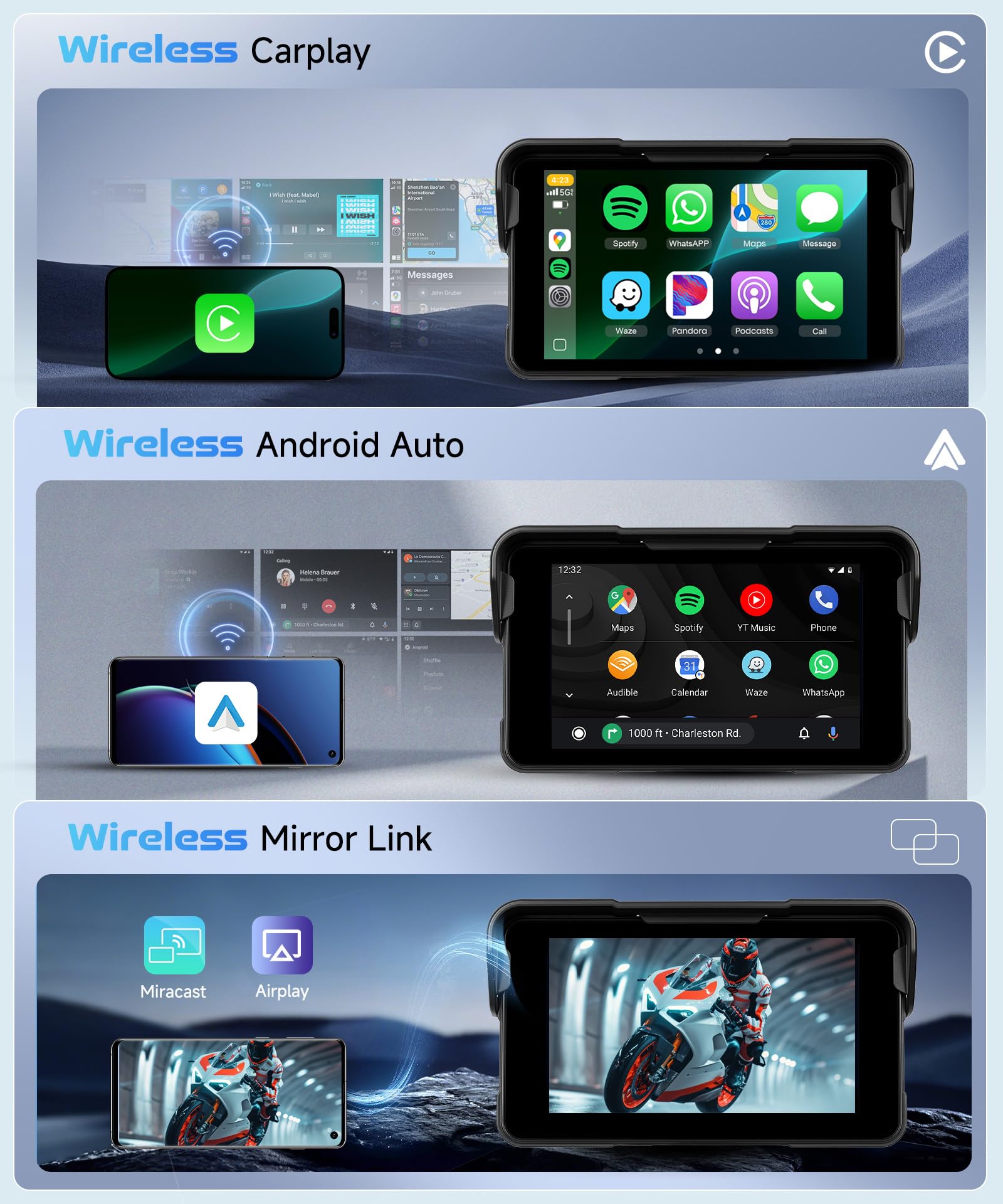 Motorcycle Carplay Android Auto Screen, 5 Inch Wireless CarPlay with Anti-Theft Design Mount, IP68 Waterproof Car Play Moto Touchscreen Dual Bluetooth Portable GPS Navigation