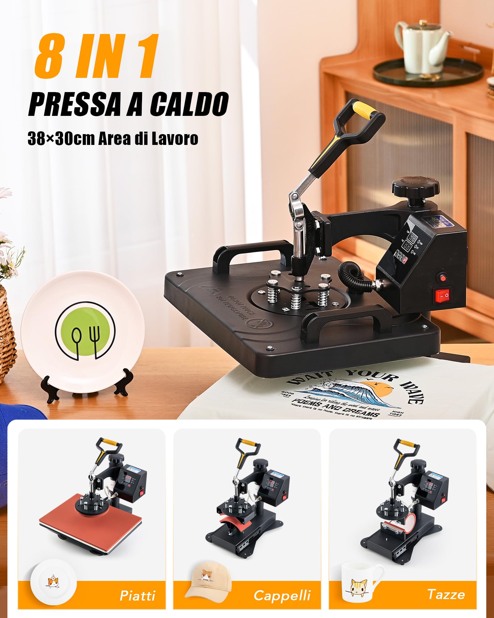 CREWORKS 8 in 1 Pressa a Caldo 30 x 38 cm Pressa Caldo per Magliette Termopressa Macchina per Sublimazione Trasferimento Stampante Pressa di Calore per T-Shirt Cappelli e Tazze