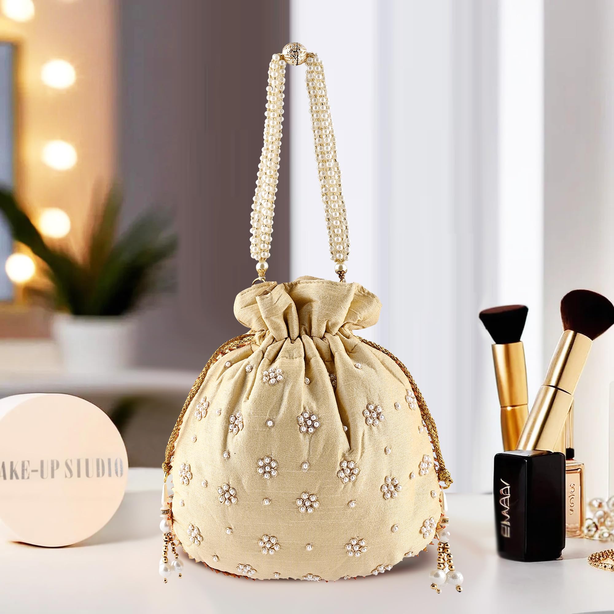 Kuber Industries Potli Bags for Ladies & Girls | Women Shagun Pouches for Festive Seasons | Batwa Bag Bridal Purse With Moti Design - Golden