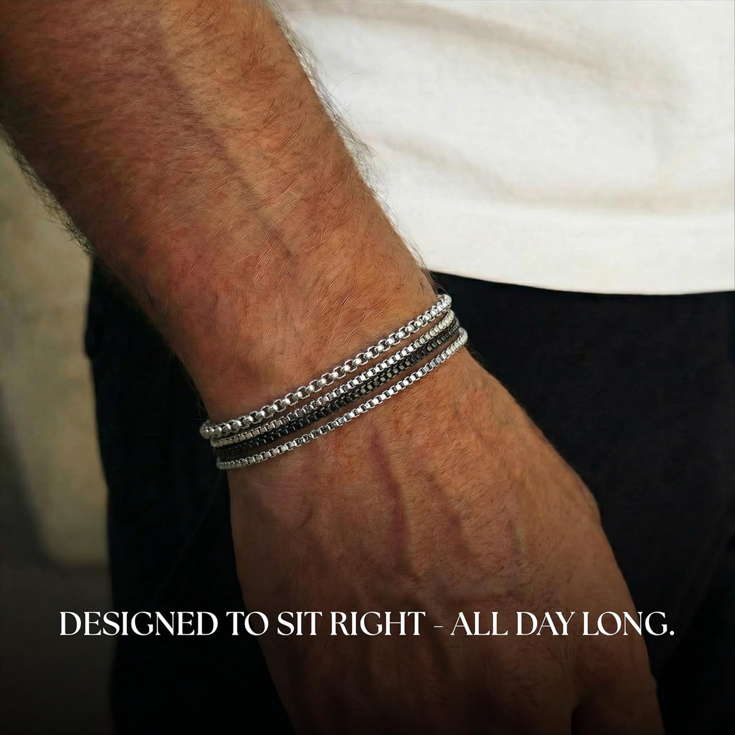 Galis Mens Bracelet - Cuban Link or Box Chain Layered Chain For Men - Premium Stainless Steel, Valentines Gift for him, Gold, Silver, Black Bracelet For Men 7-8" Size, 3-5mm Thick - Image 4