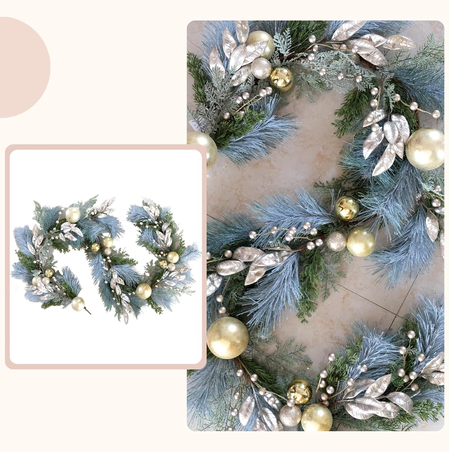 6 Ft Gold Christmas Garland for Mantle, Stairs, Fireplace - Real Touch Norfolk Pine with White Gold Balls, Holiday Decor for Indoor and Outdoor, Guirnaldas Navideñas - Image 4