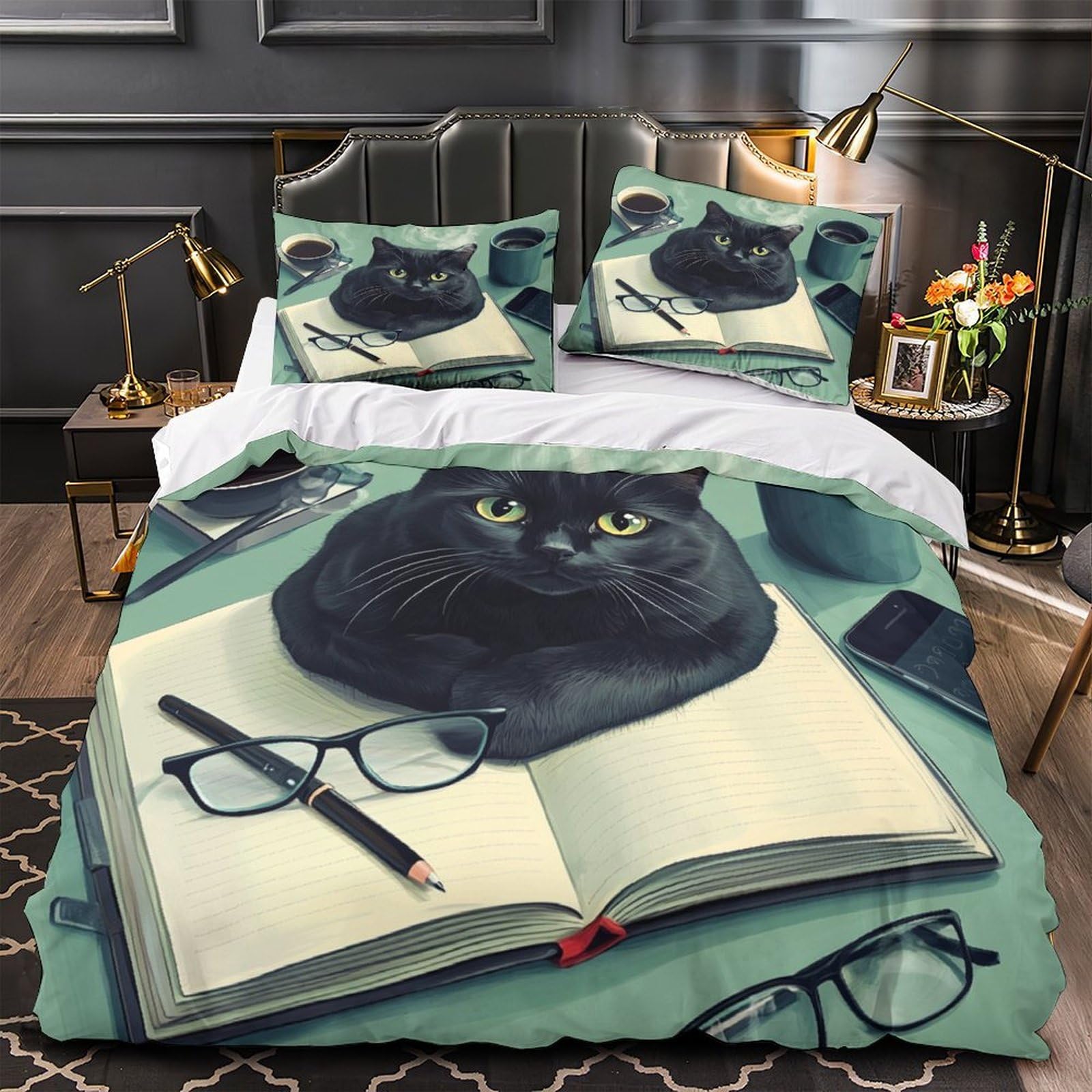 Parure de lit chat noir 3D housse de couette microfibre 135x200cm pour lit simple fille et garçon