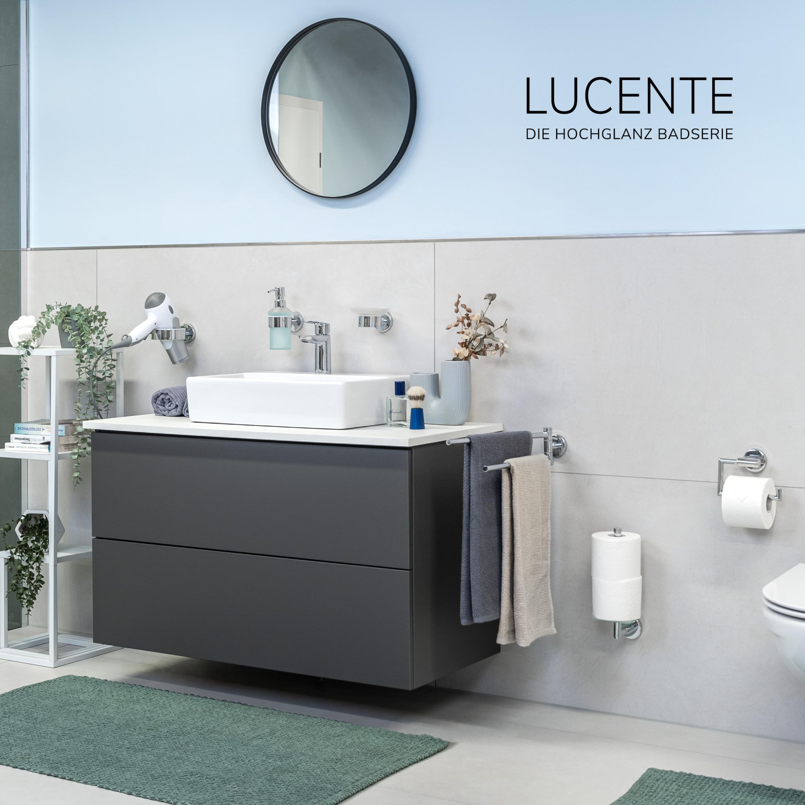 bremermann Bad-Serie Lucente - Badezimmer Zubehör-Set 2tlg. bestehend aus 1x Toilettenpapierhalter und 1x Ersatzrollenhalter zum Kleben oder Bohren, WC-Rollenhalter, aus Edelstahl verchromt