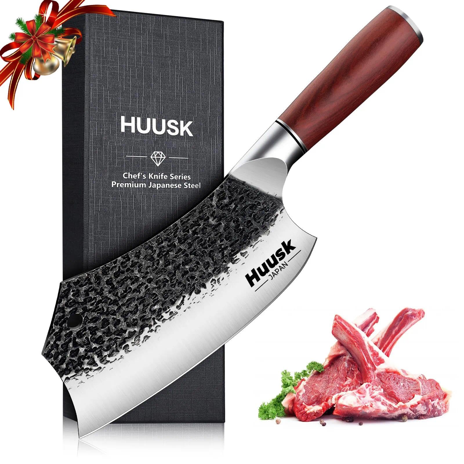 Huusk Cleaver Knife, 7 Inch Meat Cleaver Heavy Duty, Hand Forged Chopper Knife, High Carbon Steel with Wood Handle, Japanese Cleavers for Cutting Meat and Vegetable, Christmas Gifts for Men and Women