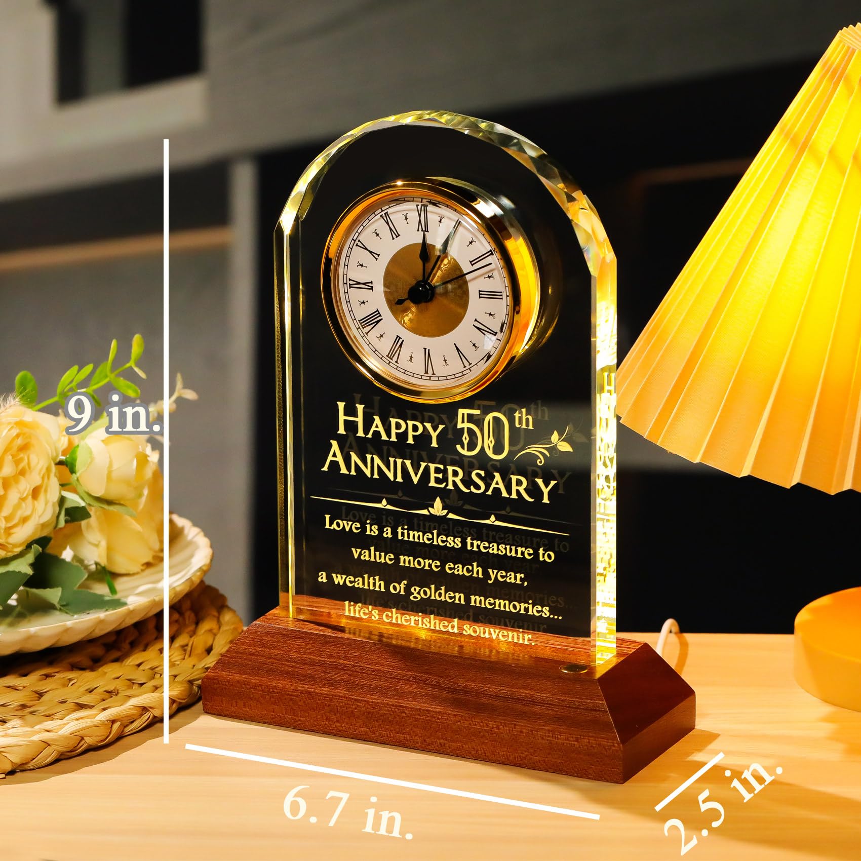 YWHL 50th Wedding Anniversary Clock Gifts for Parents Grandparents, 50 Years Anniversary Couple Gifts, Glass Table Clock Presents with Wooden Light Base for Home Decoration (Battery not Included)
