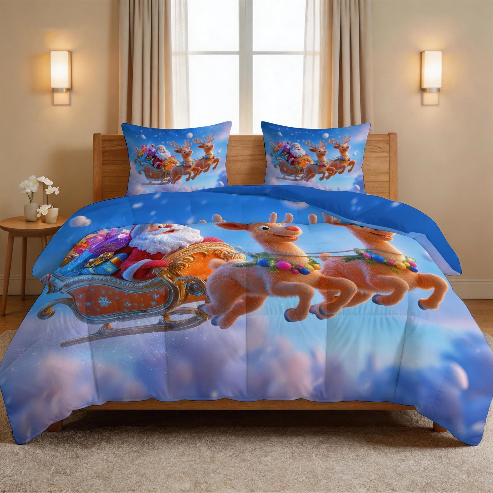 Piumino per tutte le stagioni, 135 x 200 cm, 4 stagioni, Babbo Natale, renna, cielo blu, caldo, delicato sulla pelle, per tutto l'anno, 135 x 200 cm, motivo cartone animato 3D, senza rivestimento