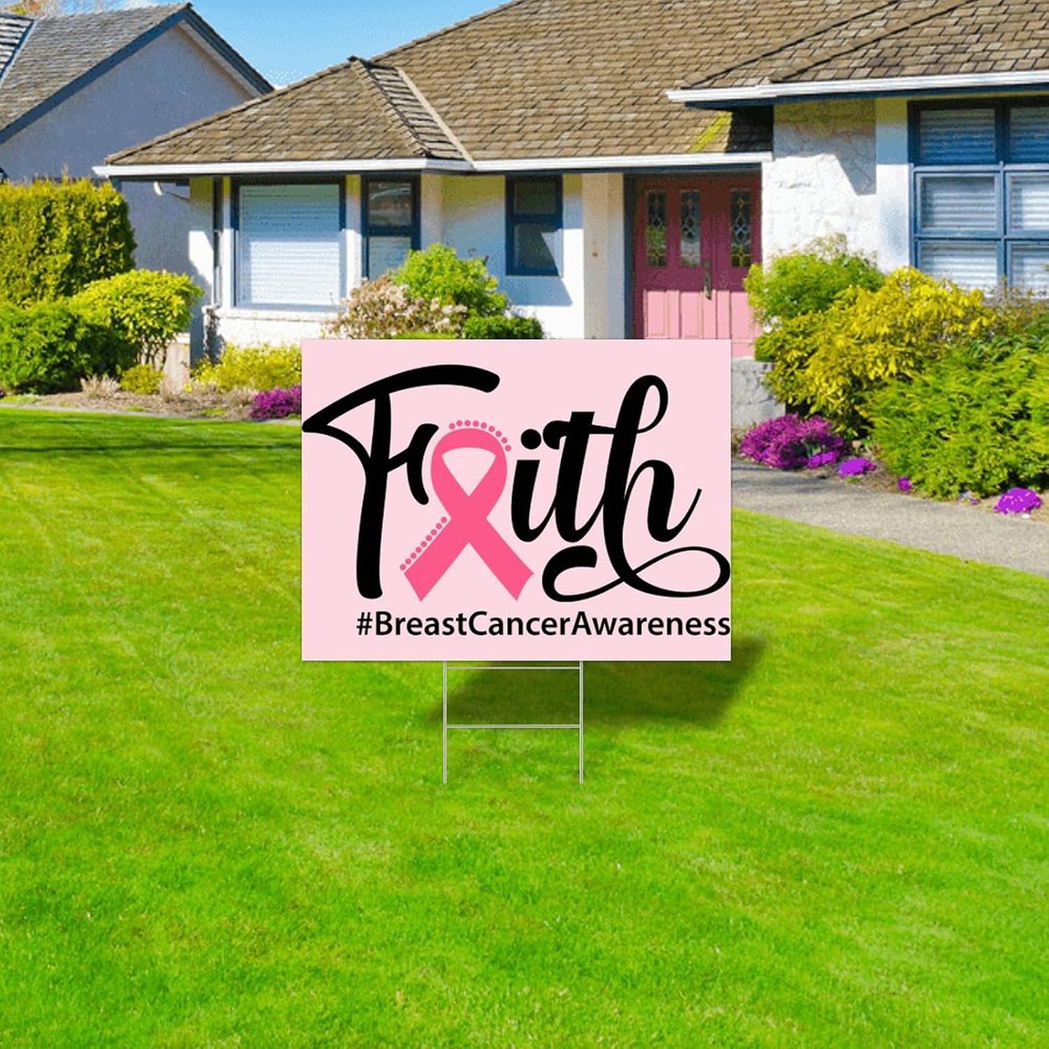 October Month Pink Ribbon Yard Signs Faith Pink Ribbon Blank Yard Signs with Stakes 18"x24" Novelty Personalized Lawn Sign with Stakes Two Sided Print 18"x24" Fade Resistant Ink