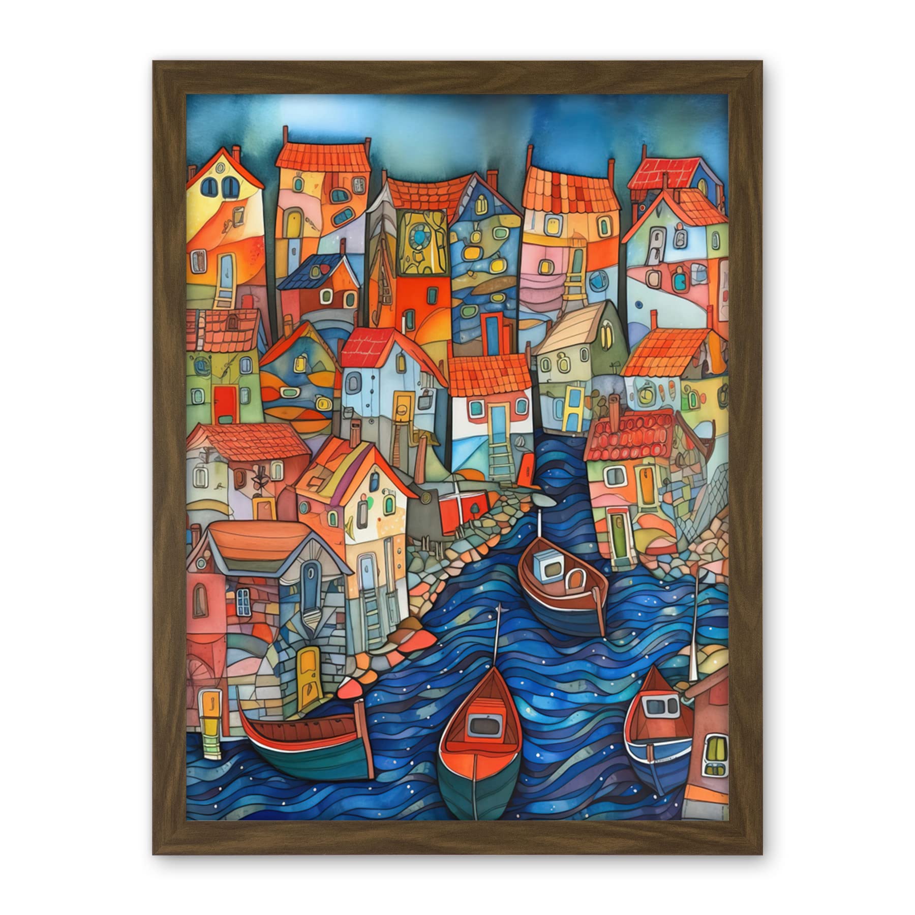 Artery8 Fishing Village Canal Folk Art Watercolour Painting Artwork Framed Wall Art Print 18X24 Inch