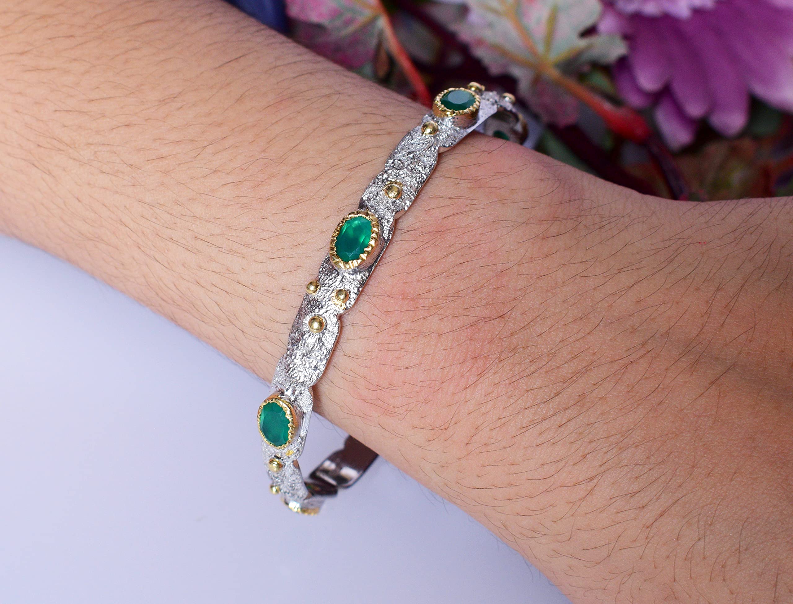 Brazalete de plata de ley 925 maciza de ónix verde, hermosa joya hecha a mano, regalo de cumpleaños, 8 inches, Gema, Ónice verde