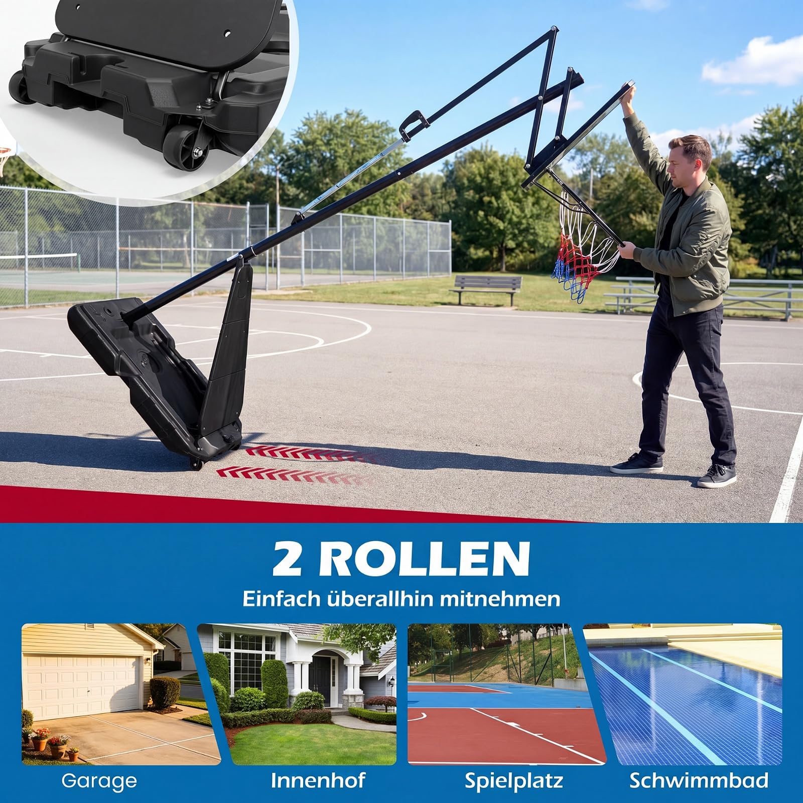 COSTWAY Basketballkorb Outdoor mit Kurbel, 150/245-305 cm höhenverstellbar | Basketballständer mit Ballrücklauf, 2 Rädern & PC-Rückwand, mobile Korbanlage, Korbsystem tragbar für Kinder, Erwachsene