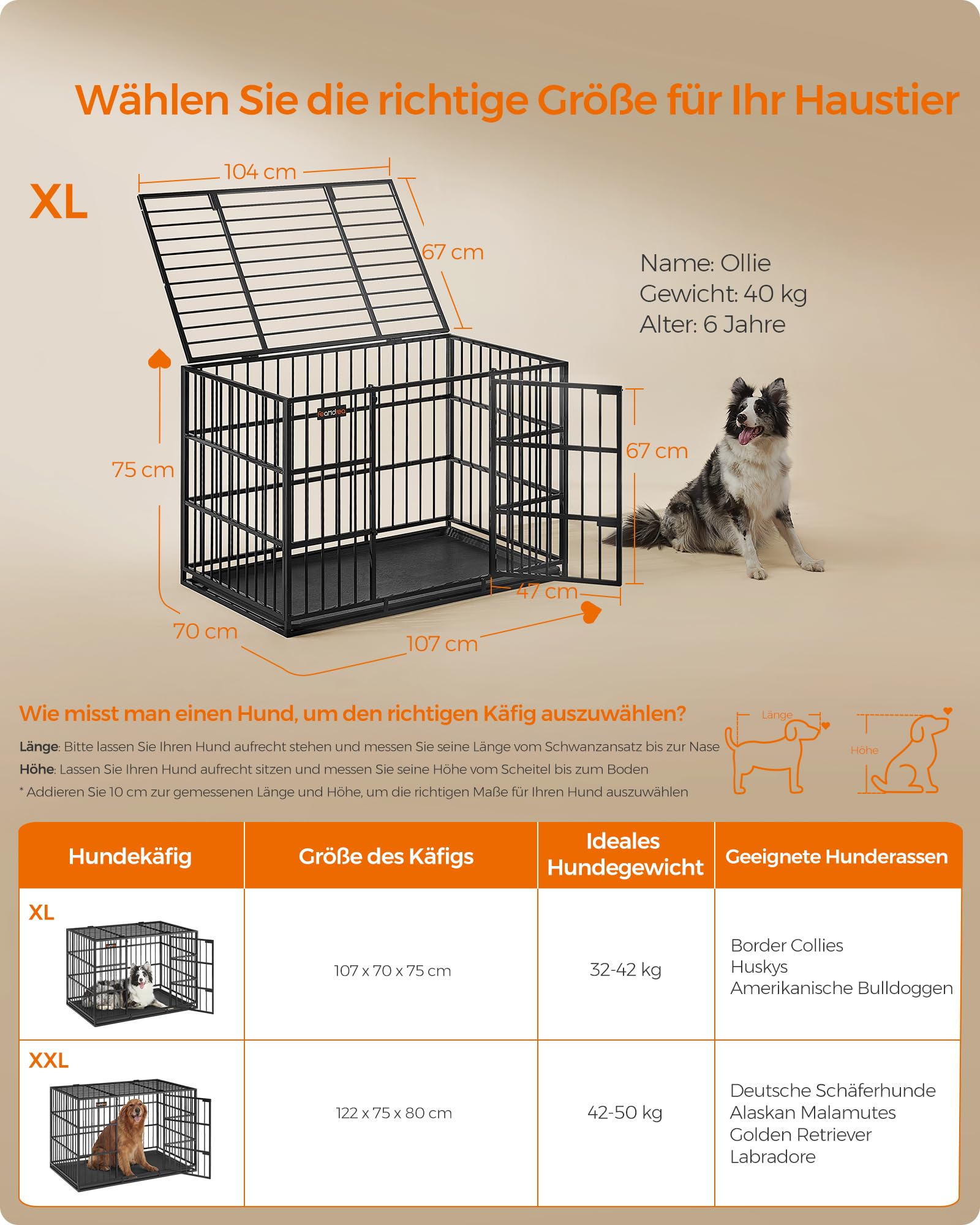Feandrea Hundekäfig hochbelastbar, Hundebox, 107 x 70 x 75 cm, für mittelgroße und große Hunde, mit herausnehmbarer Bodenschale, Doppeltüren, leicht zu reinigen, Haustierkäfig, tintenschwarz PPD005B01
