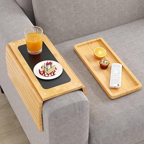 Mesa de bambú para brazo de sofá, bandeja de brazo de sofá con bandeja extraíble extra, bandeja antideslizante para reposabrazos de sofá, bandeja