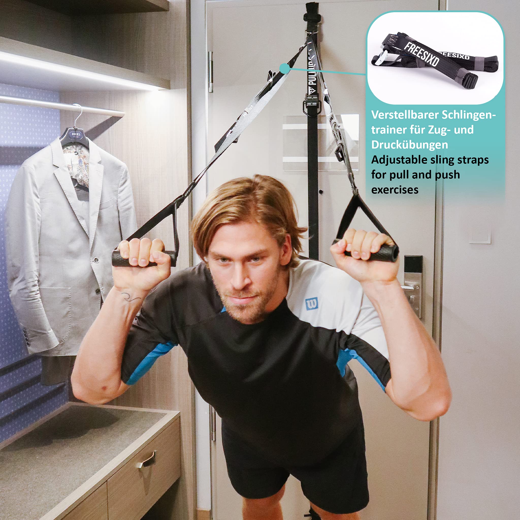 FREESIXD Suspension and Résistance Trainer Set - Équipement d'entraînement Complet Comprenant Un entraîneur à Sangles, des Bandes de résistance, des ancrages de Porte, Une Barre de Fitness et Un Sac.